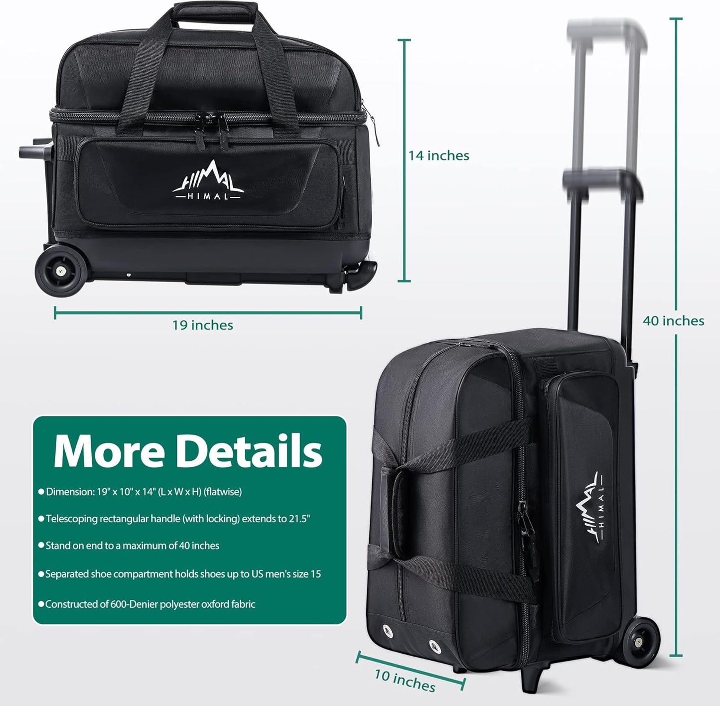 Double Roller 2 Ball Bowling Bag with Separate Shoe Compartment for Bowling Shoes (Up To US Mens Size 15) and Oversized Accessory Pocket, Retractable Handle - Extends to 40"