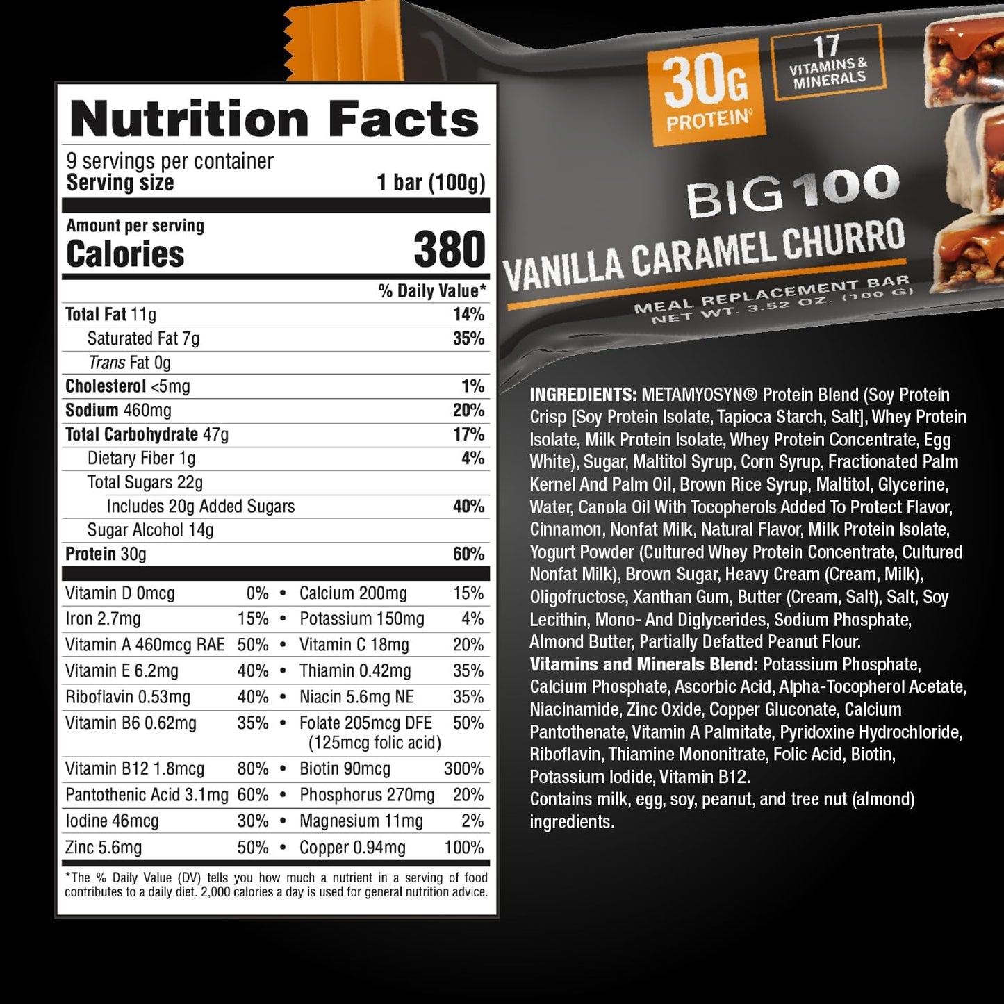 MET-Rx Big 100 Colossal Protein Bars, Vanilla Caramel Churro Meal Replacement Bars, Brown, 9 Count