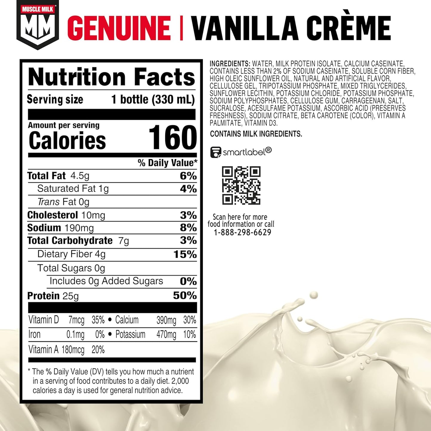 Muscle Milk Genuine Protein Shake, Vanilla Creme, 11.16 Fl Oz Bottle, 12 Pack, 25g Protein, Zero Sugar, Calcium, Vitamins A, C & D, 5g Fiber, Energizing Snack, Workout Recovery, Packaging May Vary