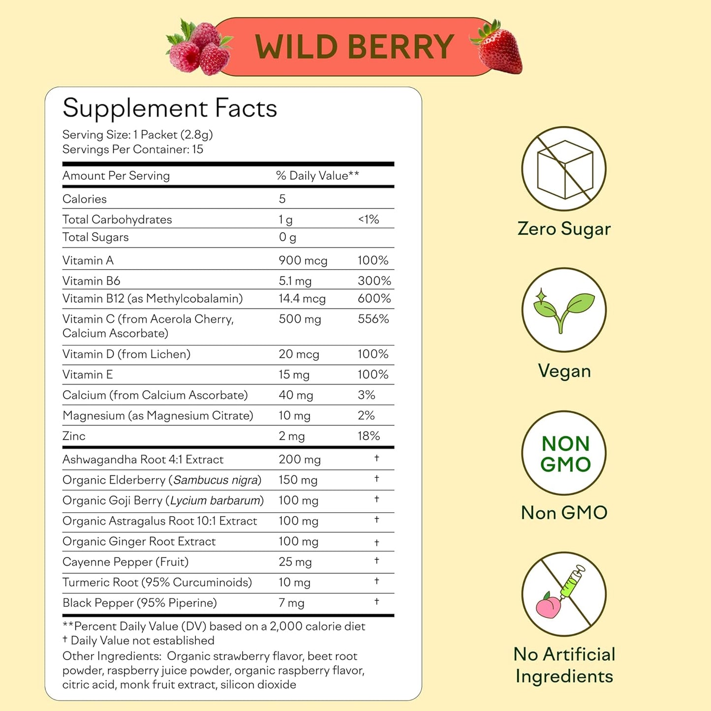 Feel Goods Immunity Icon, Zero Sugar, Vitamin C, A, B, D, E & Zinc, Organic Elderberry, Ashwagandha, Drink Mix Powder, Vegan, Non GMO, Caffeine & Gluten Free | Wild Berry, 15 Count