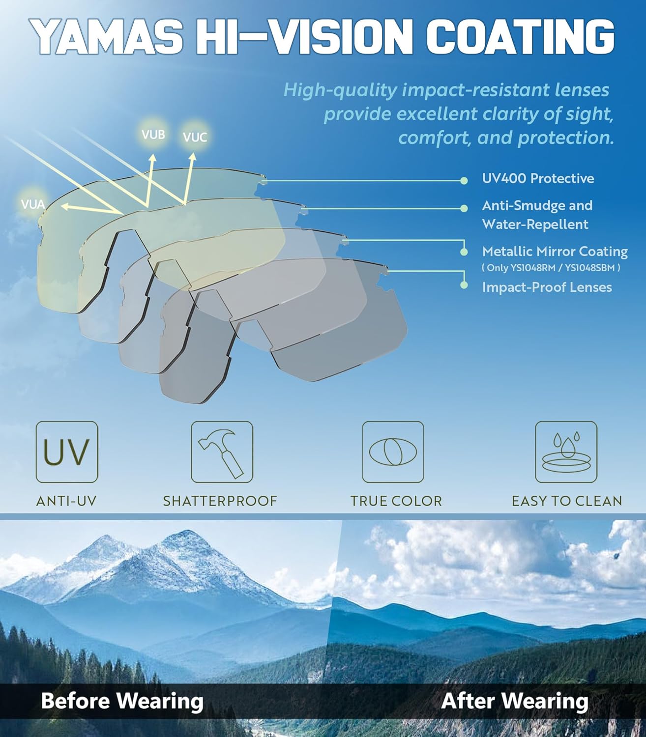 YAMAS Sport Sunglasses for Mens Womens, Wrap around Sunglasses, Non-Slip Nose Pads for Climbing and Running, UV400 Protection