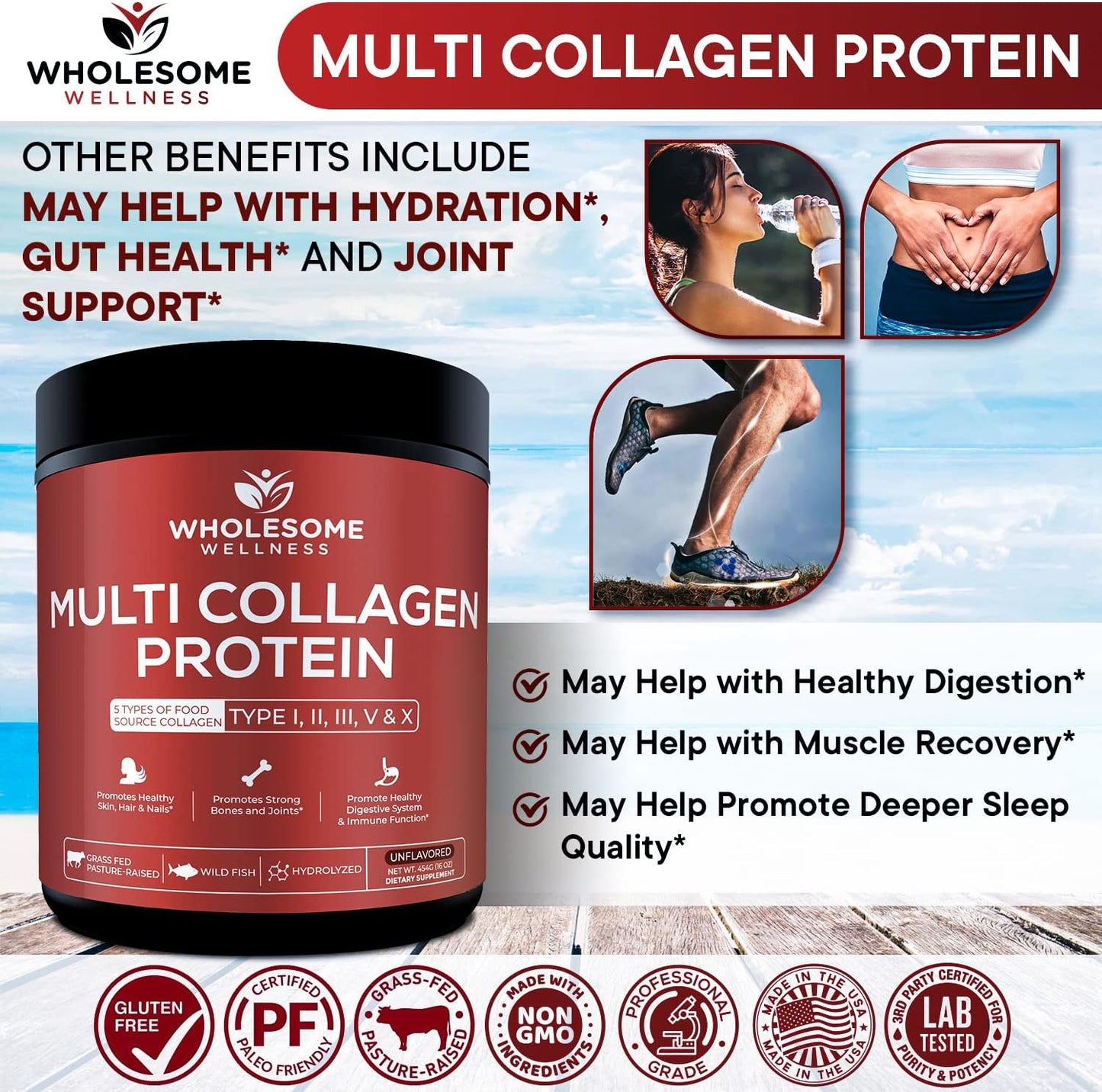 Wholesome Wellness Multi Collagen Protein Powder Hydrolyzed (Type I II III V X) Grass-Fed All-in-One Super Bone Broth + Peptides - Premium Blend of Beef, Chicken, Wild Fish, Eggshell, 58 Servings
