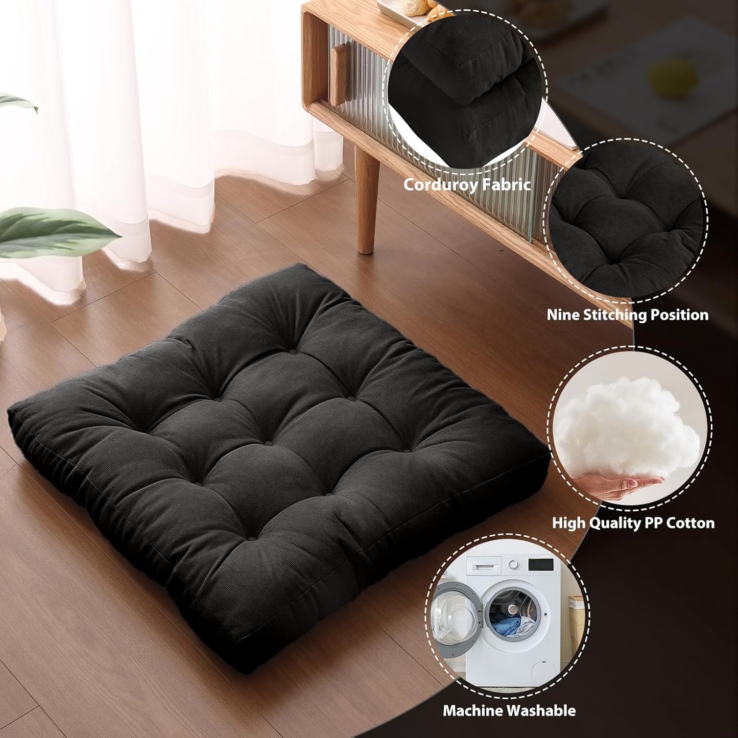 Tiita Square Floor Pillow, Thicken Tufted Seat Cushion, Floor Cushion for Yoga Meditation Living Room Balcony Office Outdoor, Set of 2, 22x22 Inch, Black