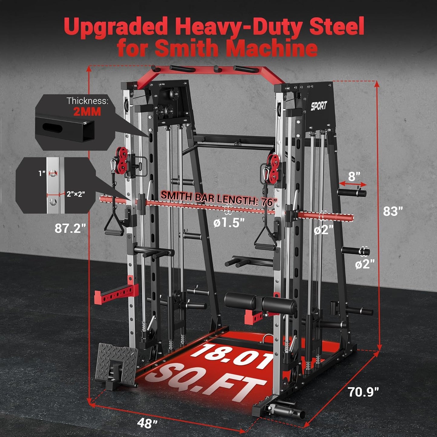 Smith Machine Home Gym All in One, 2200LBS Squat Rack Power Cage with Smith Bar, LAT Pull-Down, Cable Systems, Leg Hold-Down and More Attachments, Workout Equipment (Red Black)