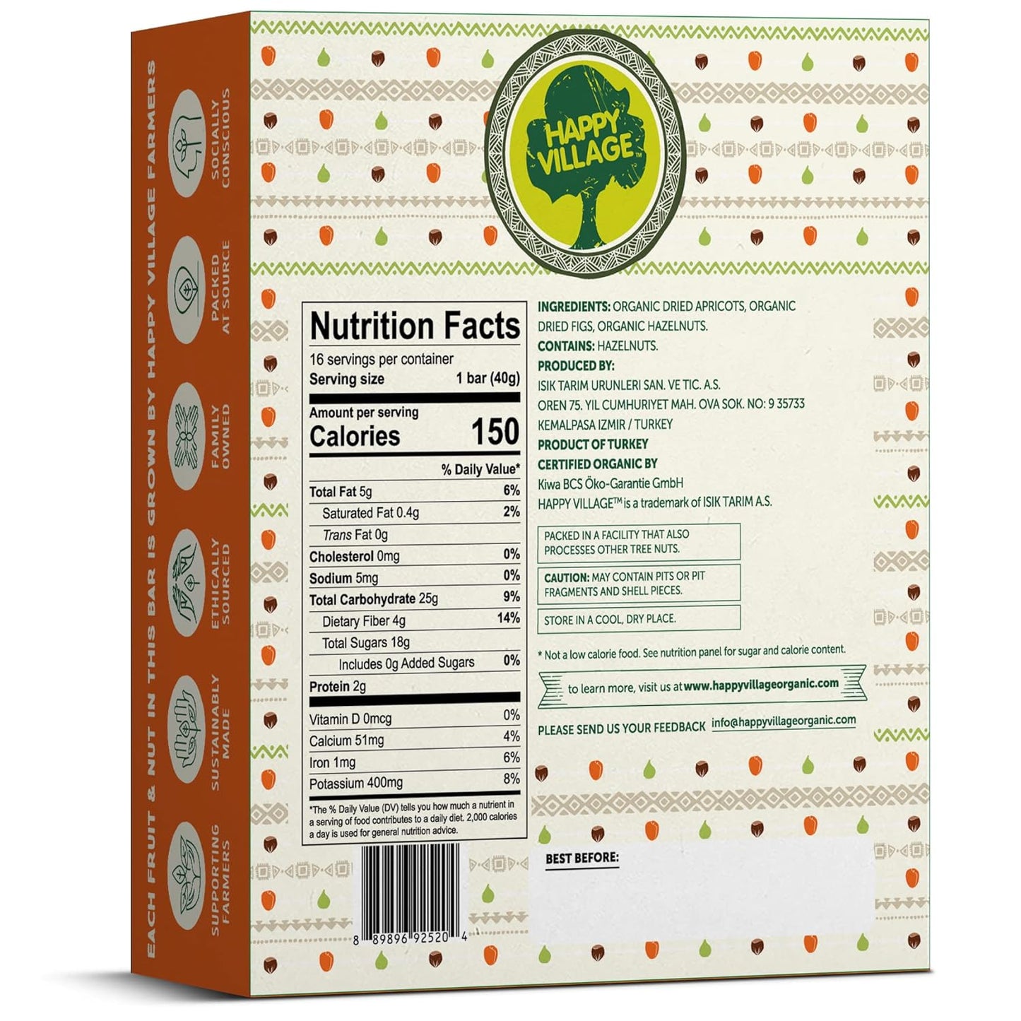 Happy Village Organic Fig & Nut Bar, APRICOT | Only 3 Ingredients, Gluten Free, No Added Sugar, Kosher, Non-GMO, Vegan, Good Source of Fiber | Organic Healthy Snack Bars (16 bars, 1.4 OZ each)