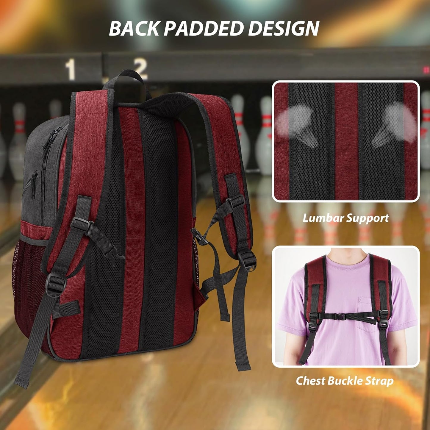 Bosynoy Bowling Backpack, Bowling Ball Bag Totes for Single Ball with Shoe Compartment & Foam Padded, Fits Shoes Up to US Mens Size 16, Grey