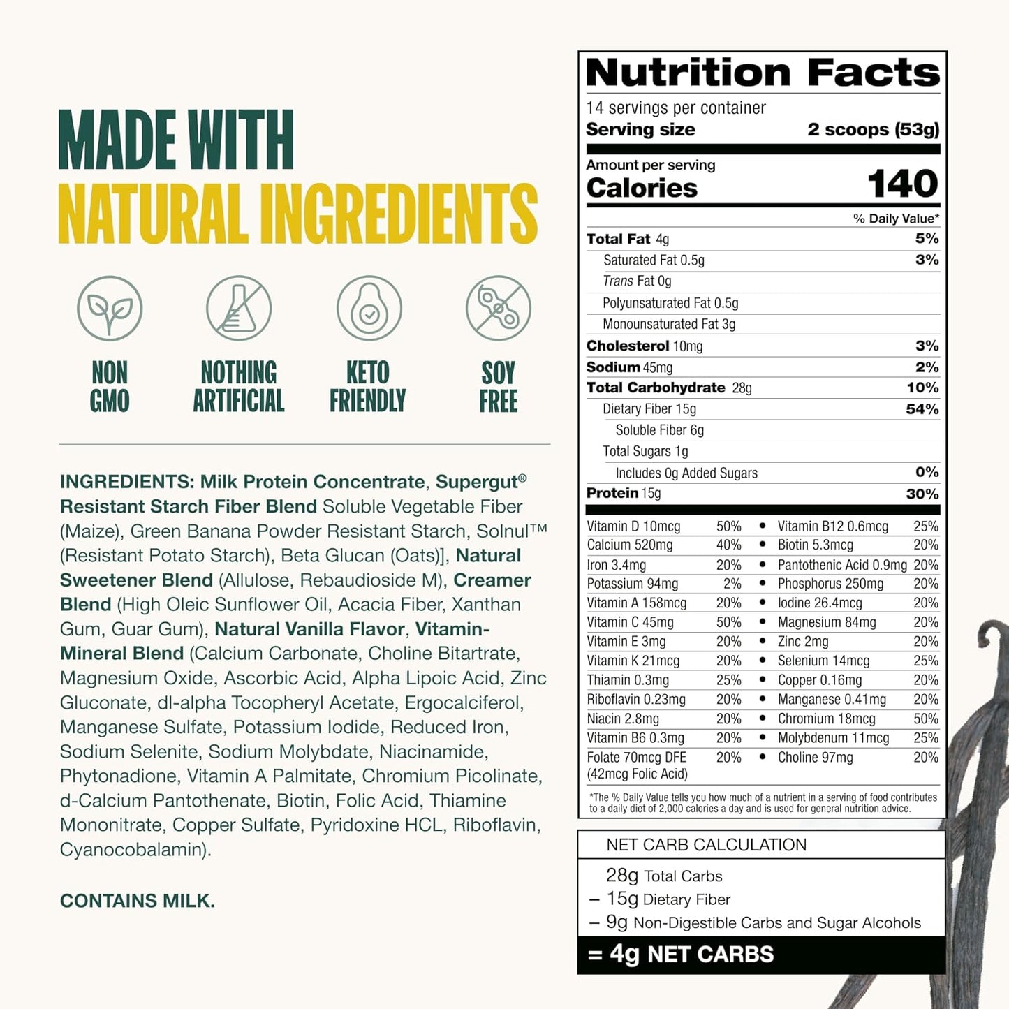 Supergut Prebiotic Shakes | Meal Replacement | Boost GLP-1 | High Protein and Fiber | No Added Sugar | Keto Food, Meal, Snack (Vanilla, 14 servings)