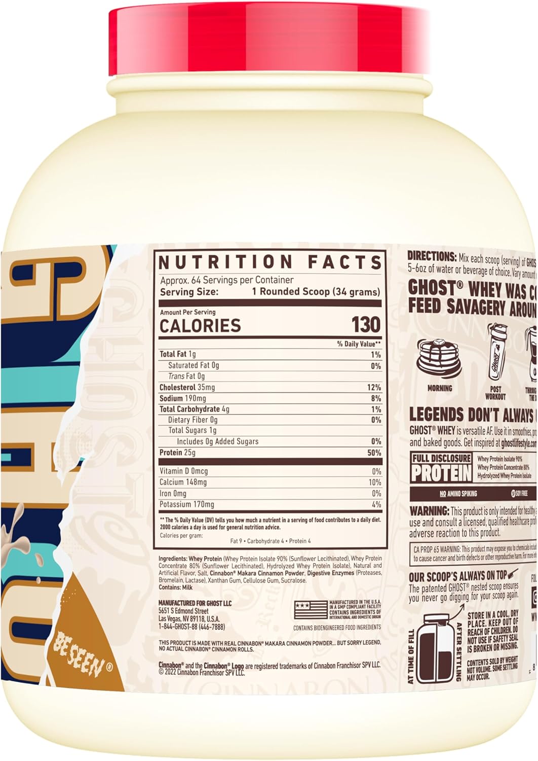 GHOST Whey Protein Powder, Cinnabon - 5LB, 25G of Protein - Cinnamon Roll Flavored Isolate, Concentrate & Hydrolyzed Whey Protein Blend - Post Workout Shakes - Soy & Gluten Free