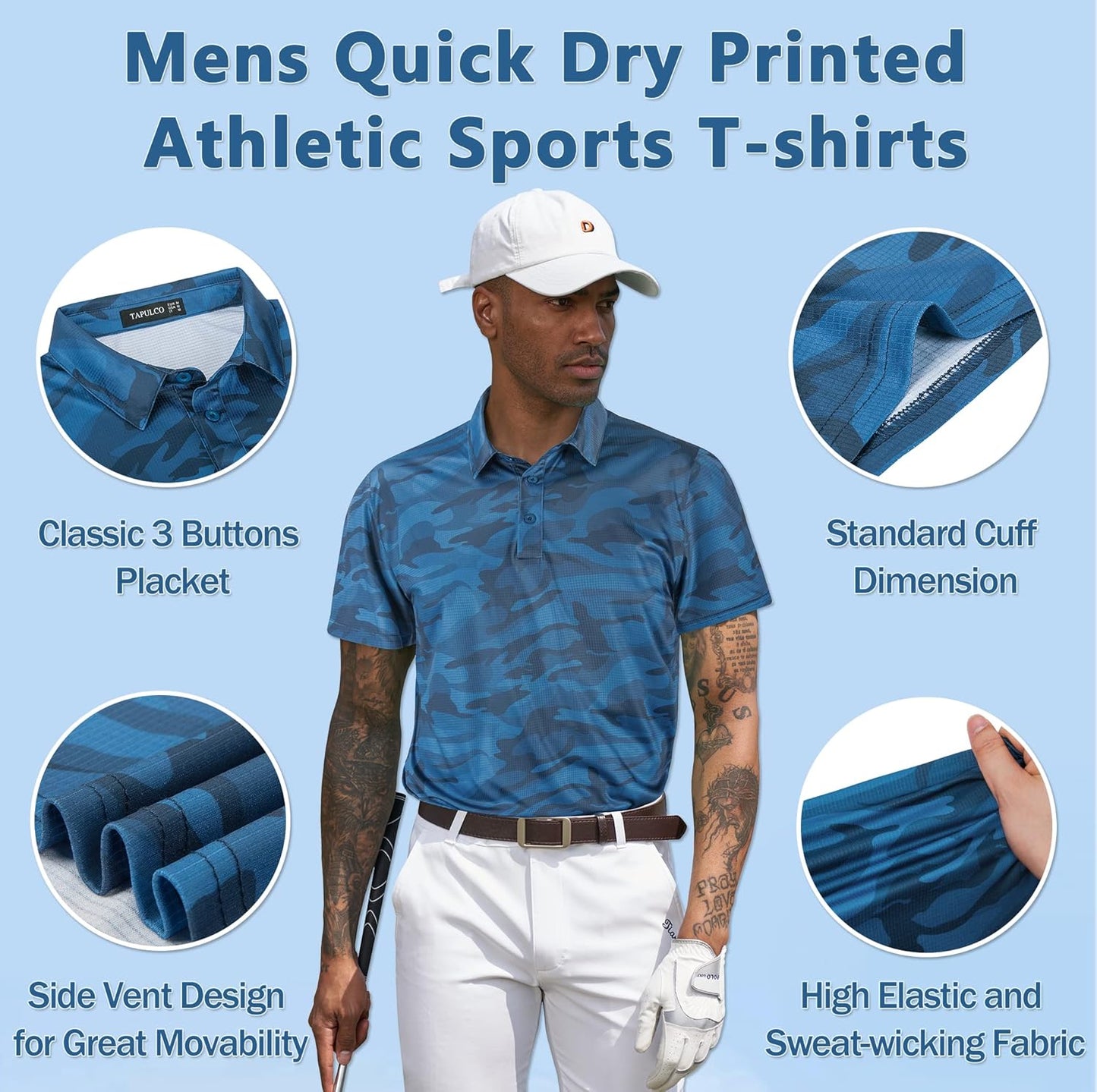 TAPULCO Mens Quick Dry Polo Shirts Camouflage Pattern Performance Athletic Lightweight Breathable Casual Golf Tshirts