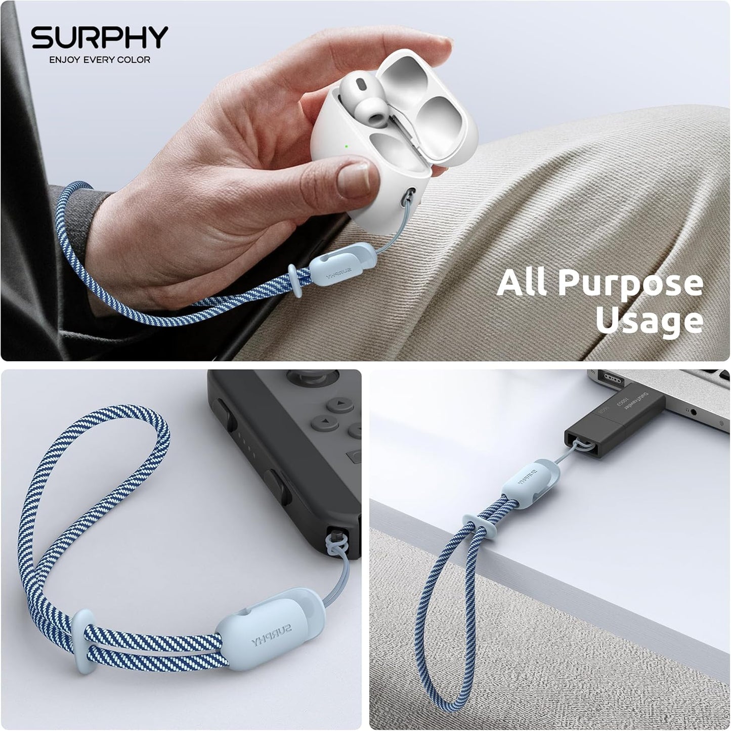 SURPHY 2 Pack Phone Lanyard for Cellphone Case, Phone Wrist Strap for Case, Cellphone Strap with 2-Color Braided, Charm Wrist Lanyard for Women and Men, Cloud Blue & Gray
