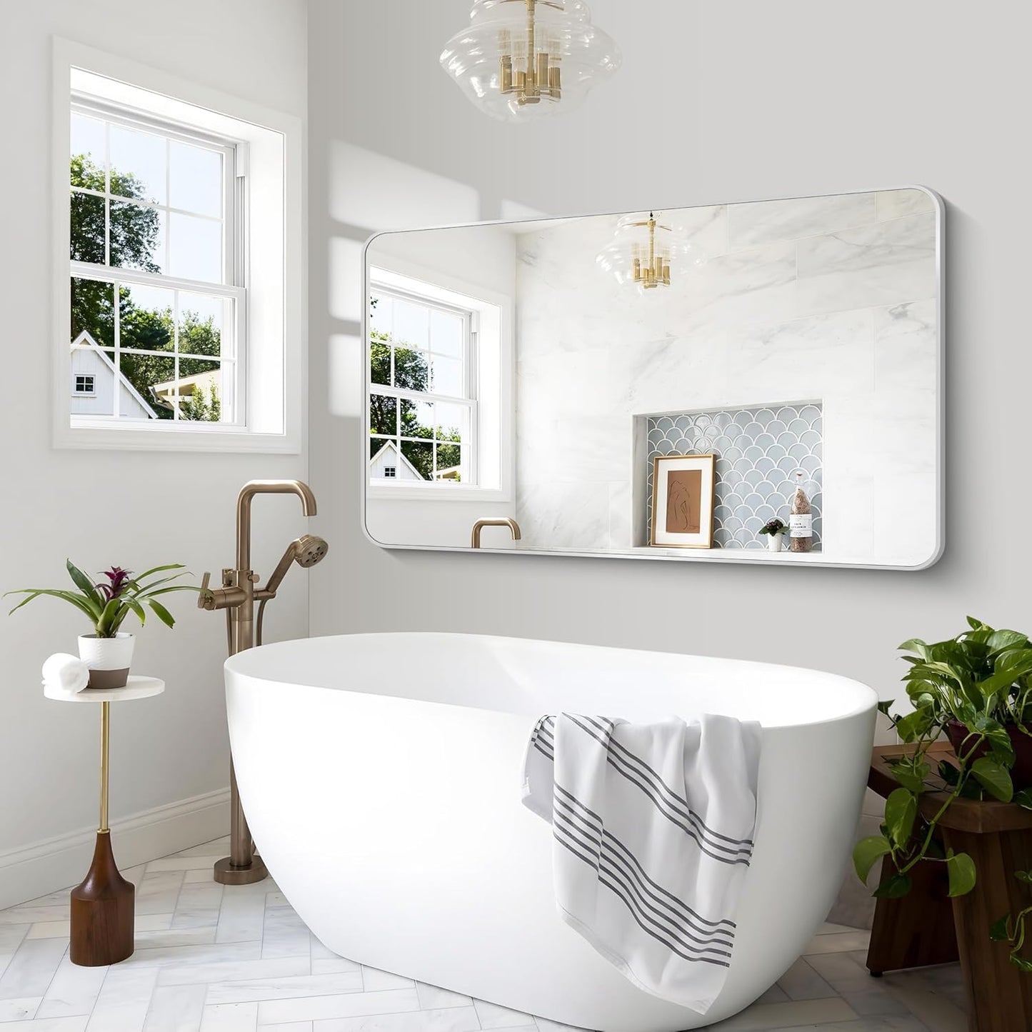 Silver Bathroom Mirror,60x36 inch Wall Mirror for Bathroom Wall Mounted,Rectangle Mirror for Bathroom Over Sink,Modern Frame Round Corner for Living Room,Bedroom Entryway,Horizontal/Vertical