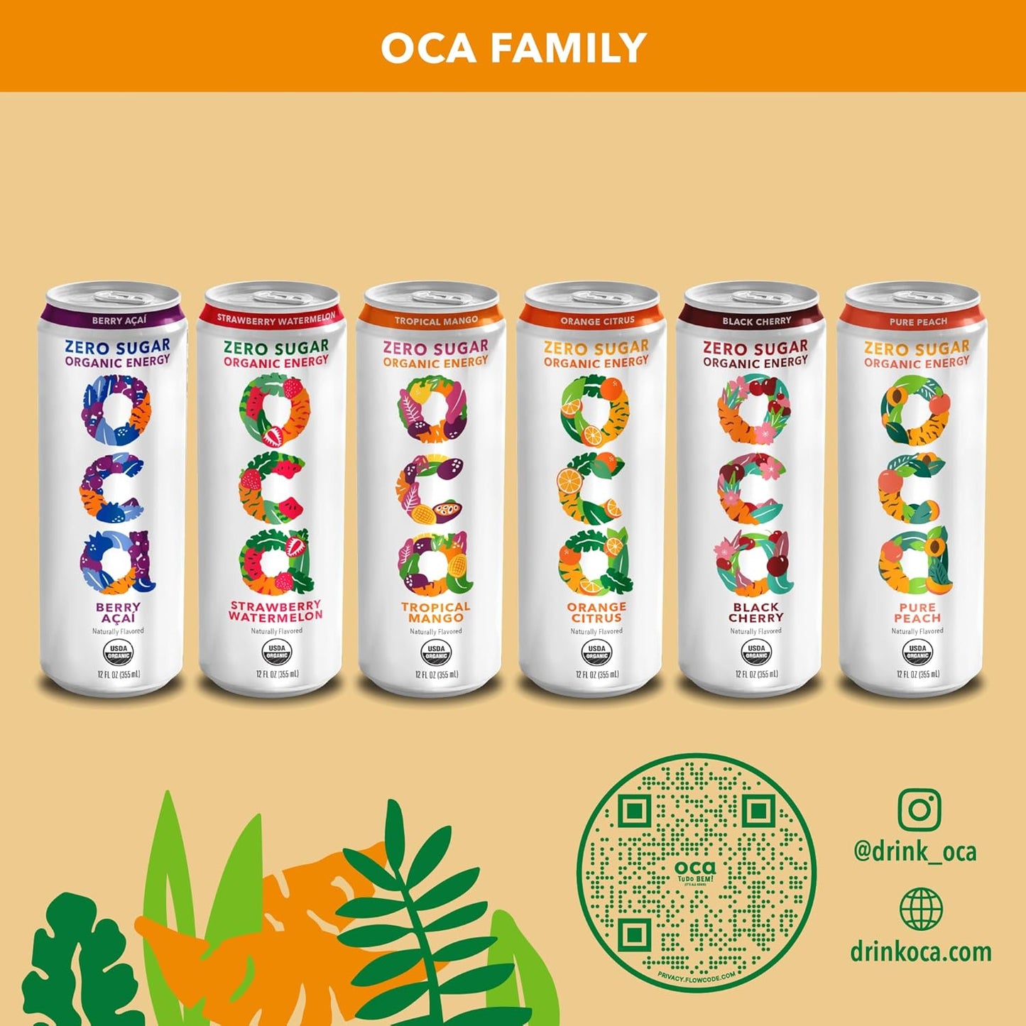 OCA ZERO Orange Citrus, Organic energy drink, zero sugar, gluten-free, vegan plant-based, 12 Fl Oz (12-pack)