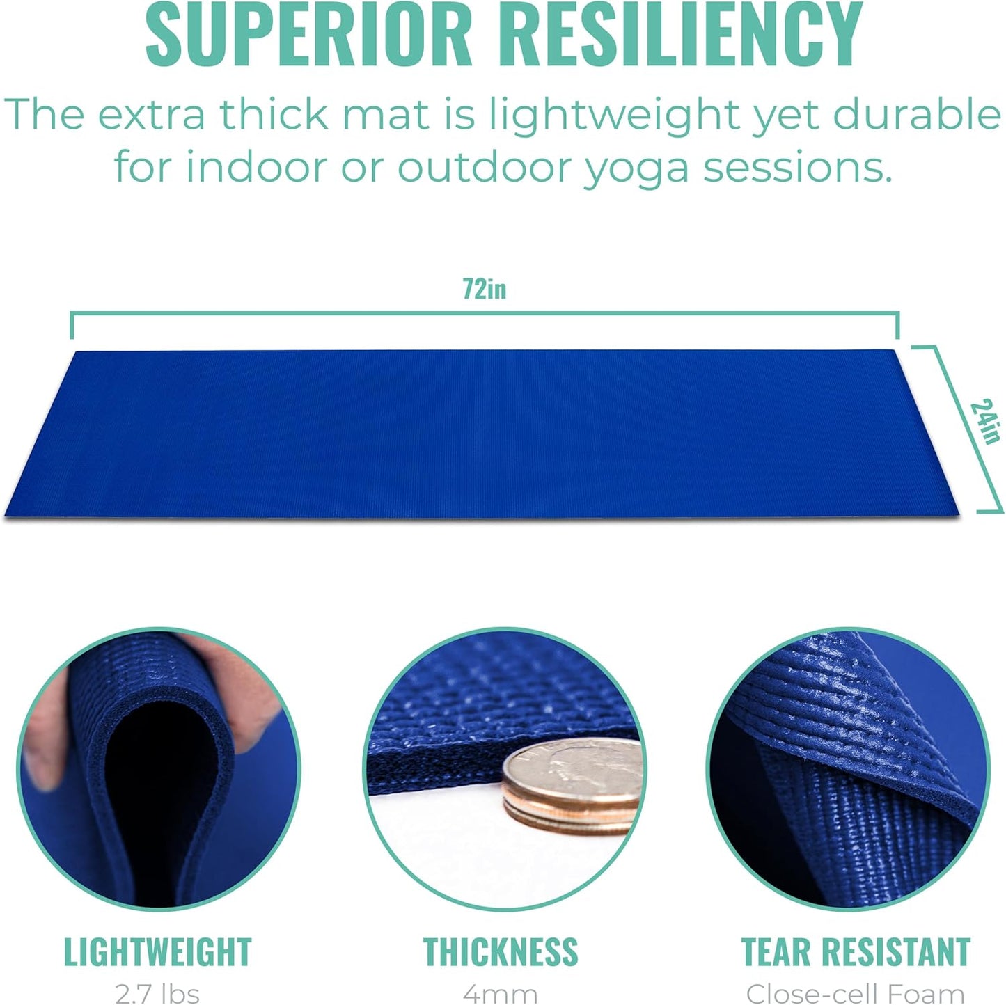 Elevate Yoga Mats, 10 Pack, 72" Long x 24" Wide, 4 mm Thick, Non-Slip and Easy to Clean Gym Mats for Schools and Studios