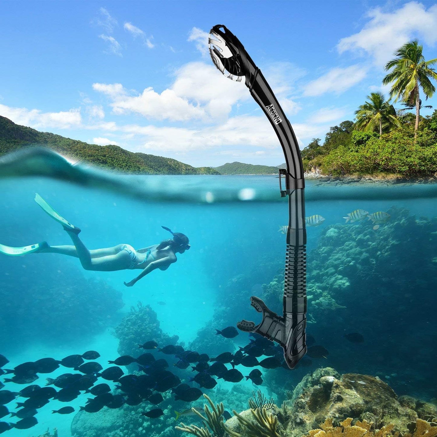 Aegend Dry Snorkel, Dive Mask Easy-Breath Free Diving Snorkel for Snorkeling Scuba Diving Freediving Swimming, with Top Dry Valve and Food-Grade Silicone Mouthpiece