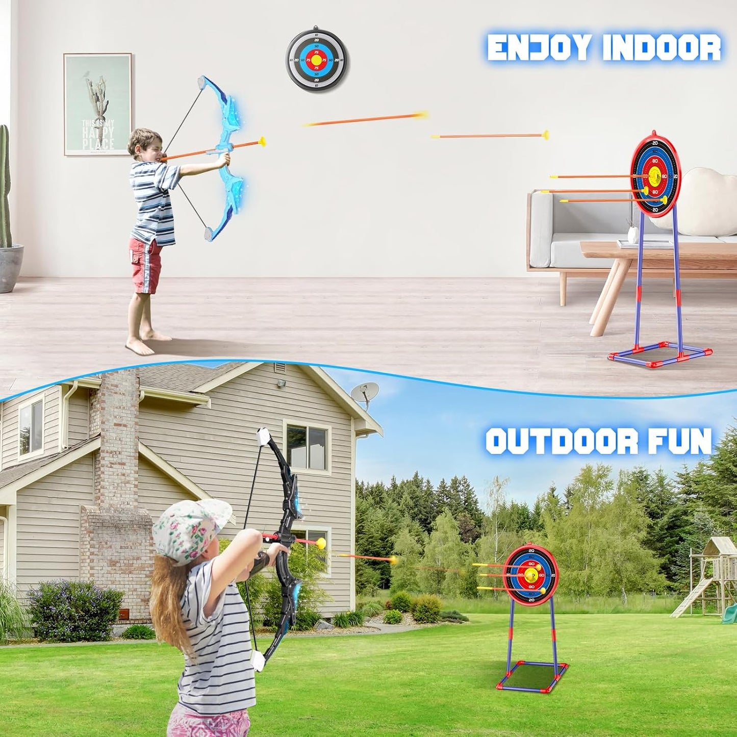 2 Pack Kids Bow and Arrow, 20 Suction Cup Arrows, 2 Archery Targets&Quiver, Light-up Set for 4 5 6 7 8 9 10 11 12 Year Old, Indoor Outdoor Toys for Ages 5-7 8-13 Boys Girls(Black & Blue)