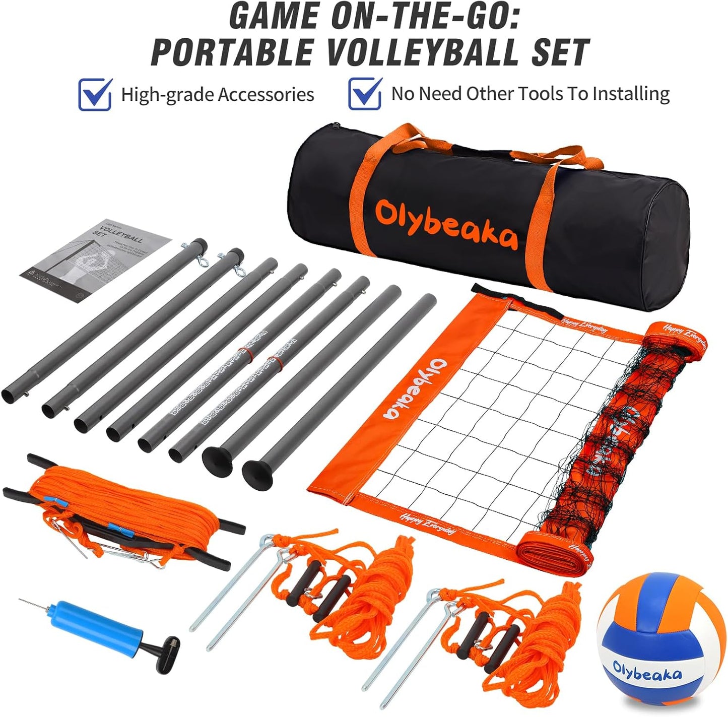 Portable Outdoor Volleyball Net Set System for Backyard Beach with Heavy Duty Poles, Durable Net, PU Volleyball & Pump, Carry Bag