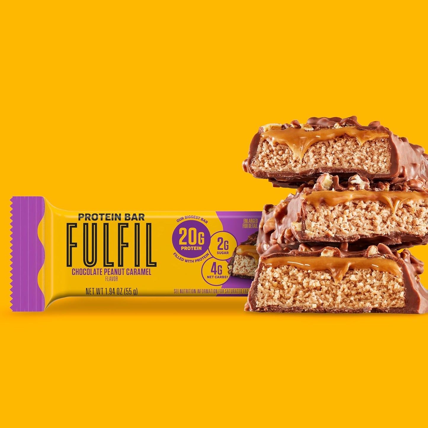 FULFIL Protein Bars, Chocolate Peanut Caramel Flavored, Gluten Free with 20g Protein, Pantry Staples, 12 Count