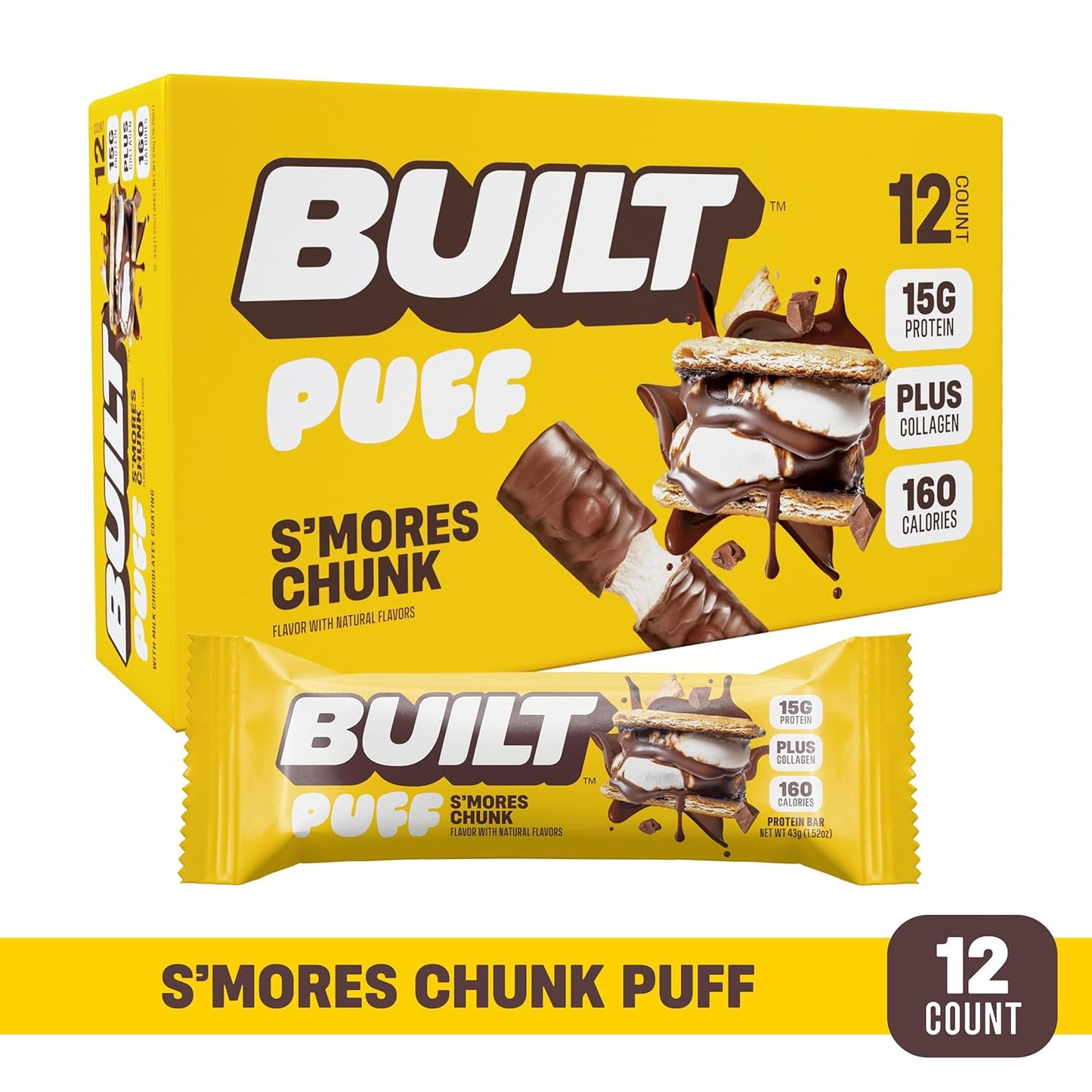 Built Bar, Puff Protein Bars, S'mores Chunk Puff, 15g Protein Snacks, On-The-Go Bars, Only 160 Calories, 9g Sugar, Collagen, Not Gluten Free, 12 Count