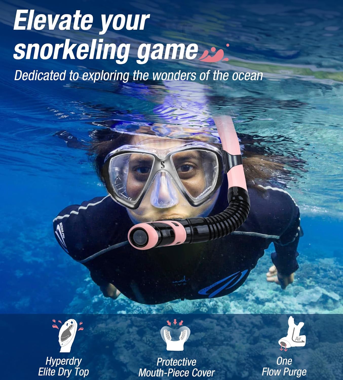 Aegend Dry Snorkel, Dive Mask Easy-Breath Free Diving Snorkel for Snorkeling Scuba Diving Freediving Swimming, with Top Dry Valve and Food-Grade Silicone Mouthpiece