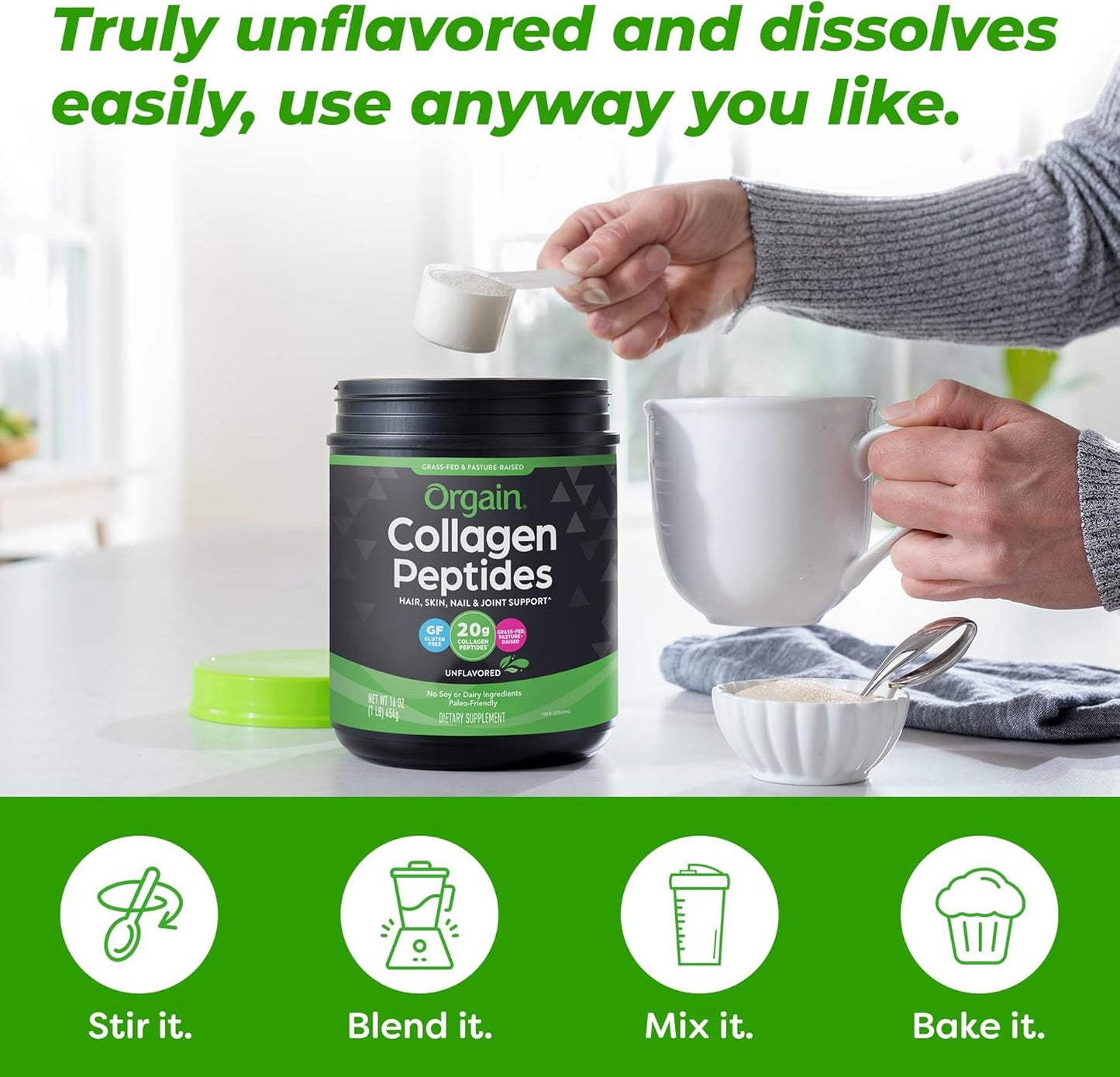 Orgain Hydrolyzed Collagen Peptides Powder For Women & Men, 20g Grass Fed Collagen, Unflavored - Hair, Skin, Nail, & Joint Support Supplement, Paleo & Keto, Non-GMO, Type I and III, 1lb