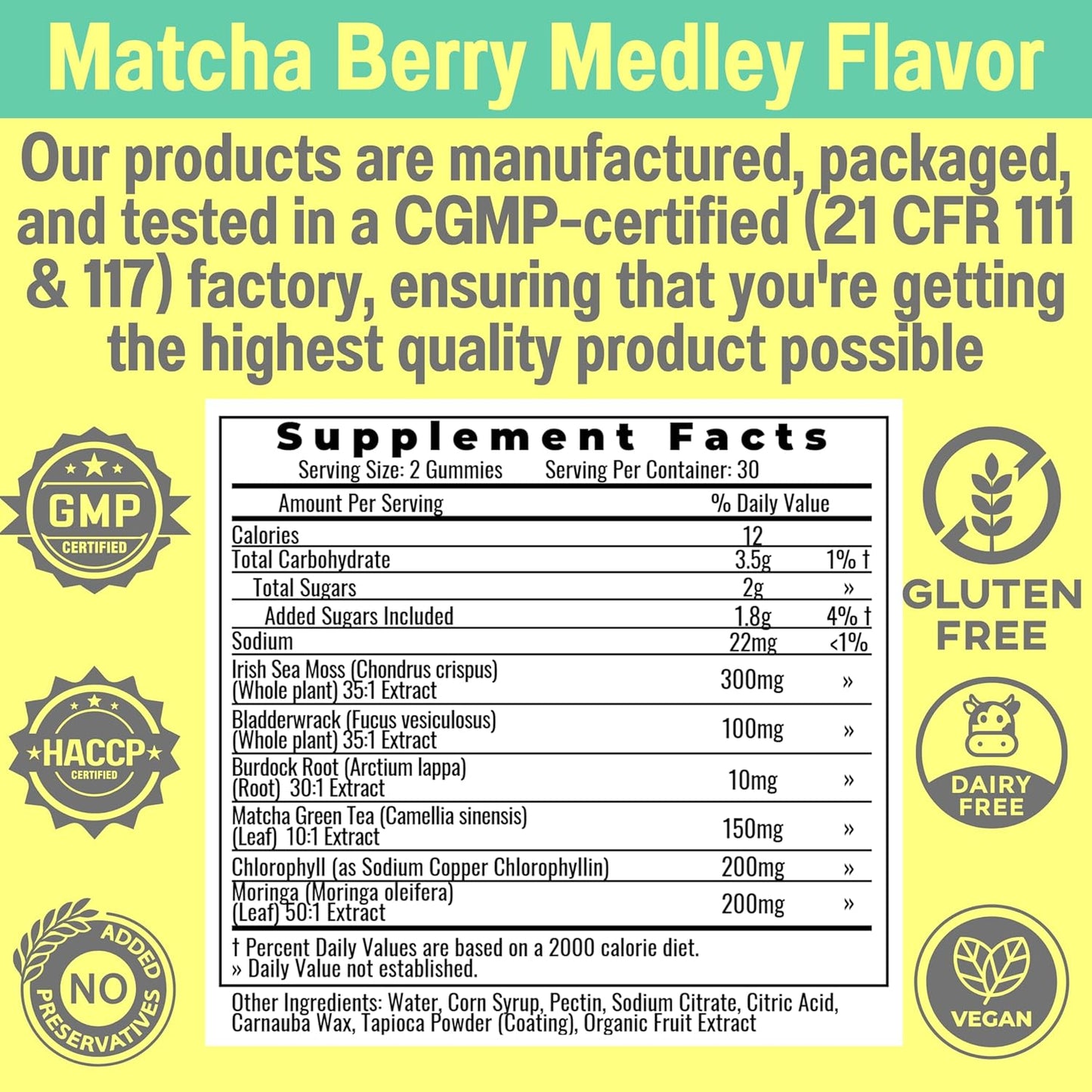 Moringa Irish Sea Moss Chlorophyll EGCg Green Tea Burdock Root Bladderwrack Super Greens Gummies, Powder Capsules Pills Liquid Drops Oil Tincture Supplement Supplements Alt, Organic Green Seamoss