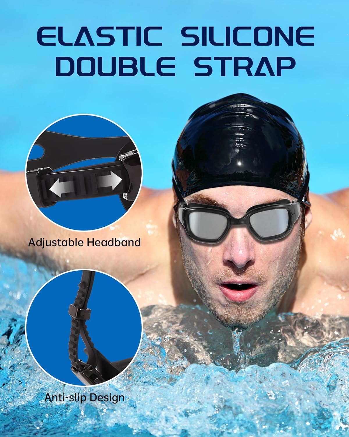 Swim Goggles, Goggles Adult with Swimming Cap, Nose Clip & Ear Plugs, UV Protection Anti-Fog Lens and Case for Adult