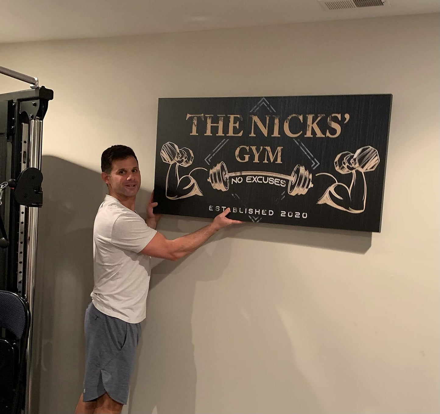 Tailored Canvases Personalized Gym Sign Wall Art Decor - Motivational Canvas for Home Gym, Workout Room, Garage, Fitness Center - Workout Inspirational Posters - Gym Name on Charcoal Background, 60x30in