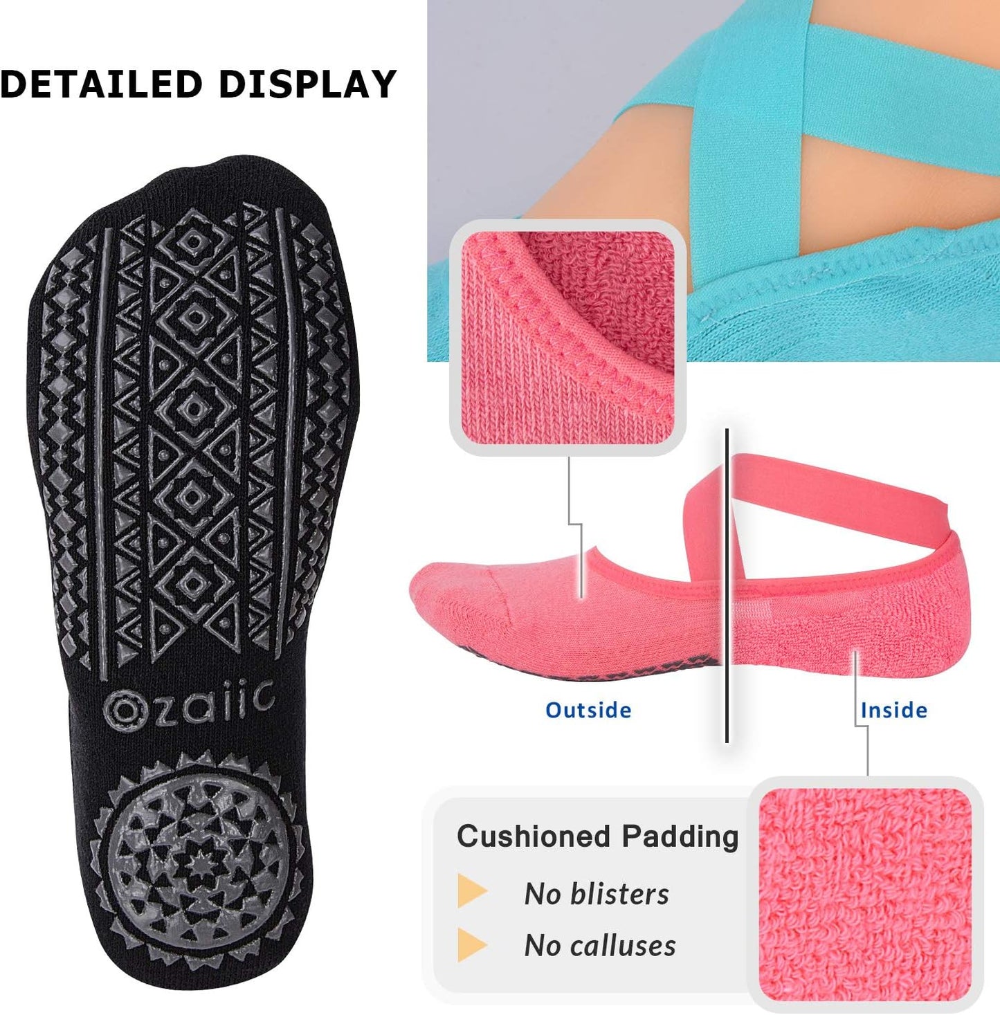 Ozaiic Yoga Socks for Women Non-Slip Grips & Straps, Ideal for Pilates, Pure Barre, Ballet, Dance, Barefoot Workout