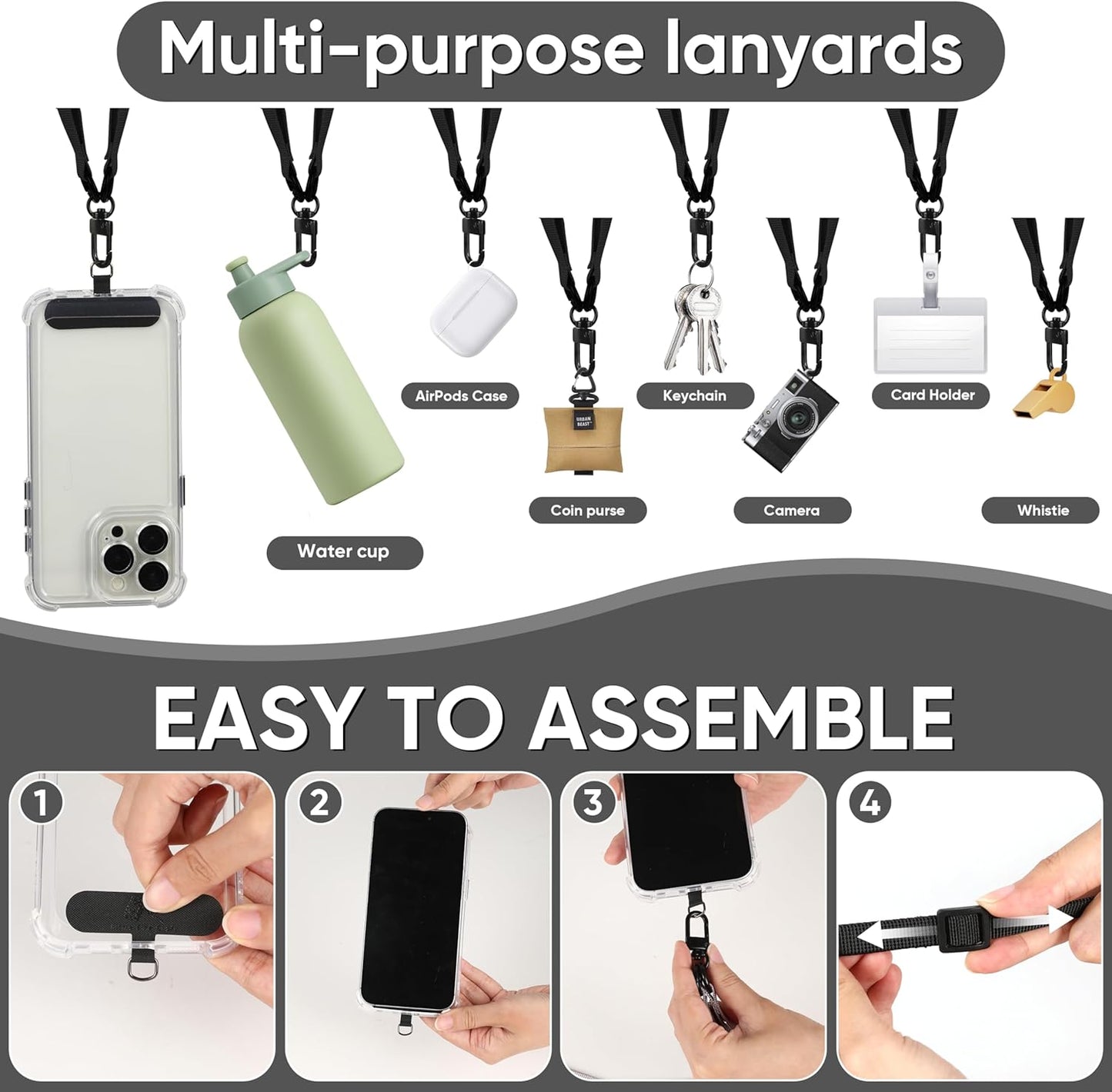 Cell Phone Strap Adjustable Wrist Strap Crossbody Cellphone Holder Extra Long Phone Lanyard Wrist Lanyard (Black)
