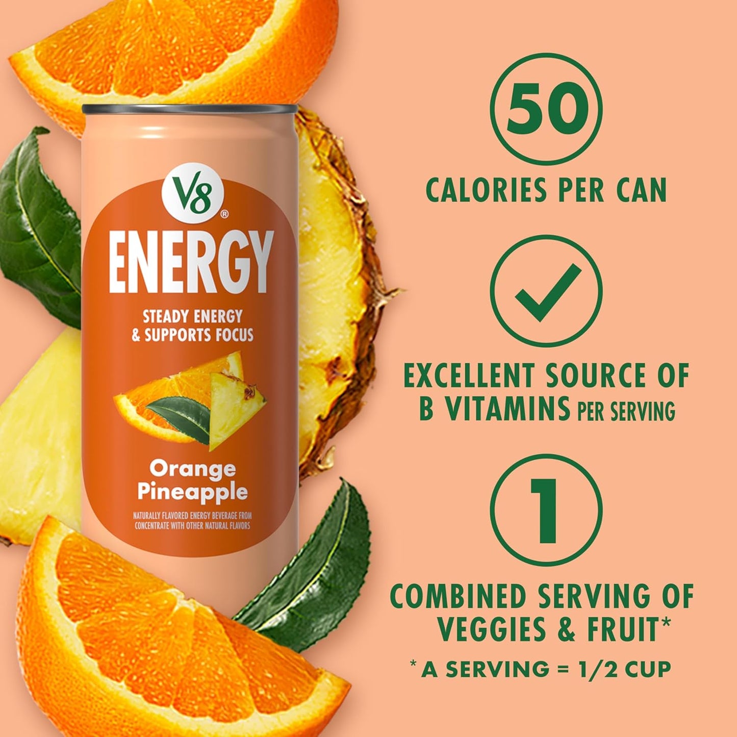 V8 Energy Orange Pineapple Energy Drink, 8 fl oz Can (12 Pack)