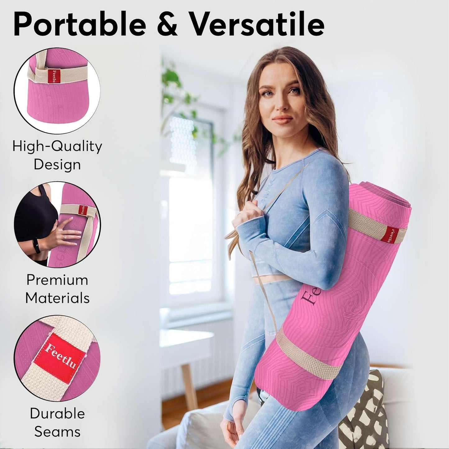 Extra Thick 12mm Exercise Mat – Non-Slip, Joint-Friendly & Cushioned Fitness Mat for Yoga, Pilates & Floor Workouts – Durable, Supportive & Includes Feetlu Classic Strap