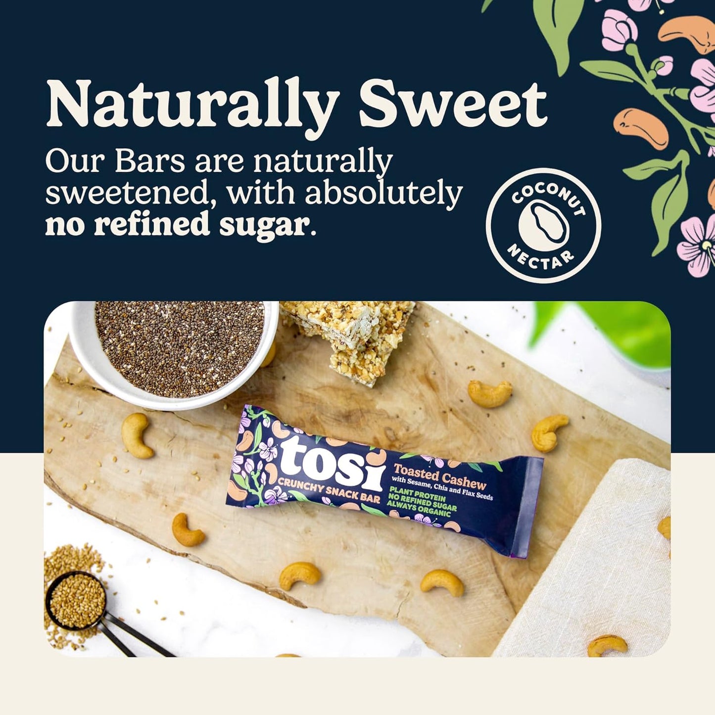 Tosi Cashew Protein Bars, Plant Based with Nuts, Gluten-Free Crunchy Snacks, Vegan, Organic, Flax & Chia Seeds, Soy-Free, Omega 3s, 5G Protein, 1 oz, 12-Pack