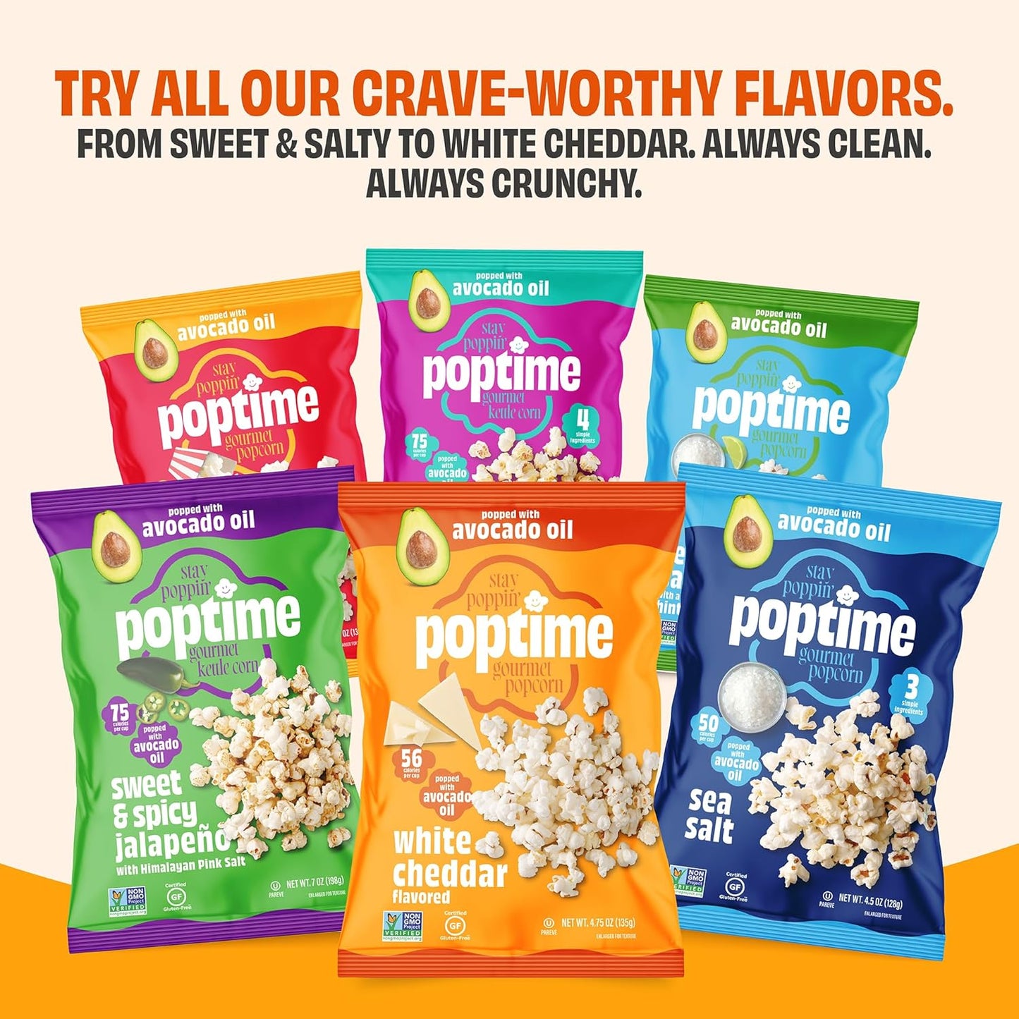 Poptime White Cheddar Popcorn Snack Bags – Gourmet Popcorn Bags, Healthy Snack With Heart-Healthy Avocado Oil, Crunchy, Cheesy, Gluten Free, Vegan, Low Calorie, Non-GMO, Kosher - 4.75 oz - Pack 12