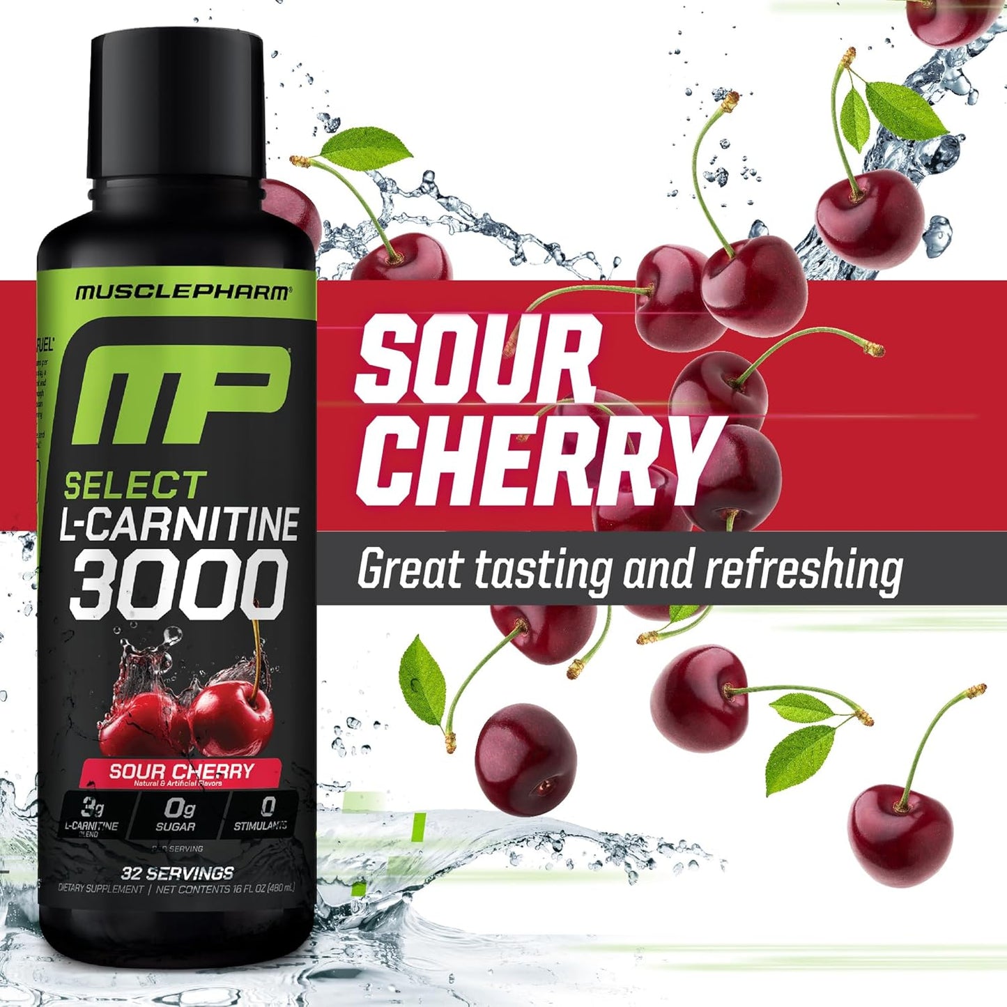 Muscle Pharm L-Carnitine 3000, The Ultimate Liquid L Carnitine Supplement for High-Performance, Supports Metabolism, Hydration & Energy, Zero Sugar/Calories, Sour Cherry Flavor, 32 Servings