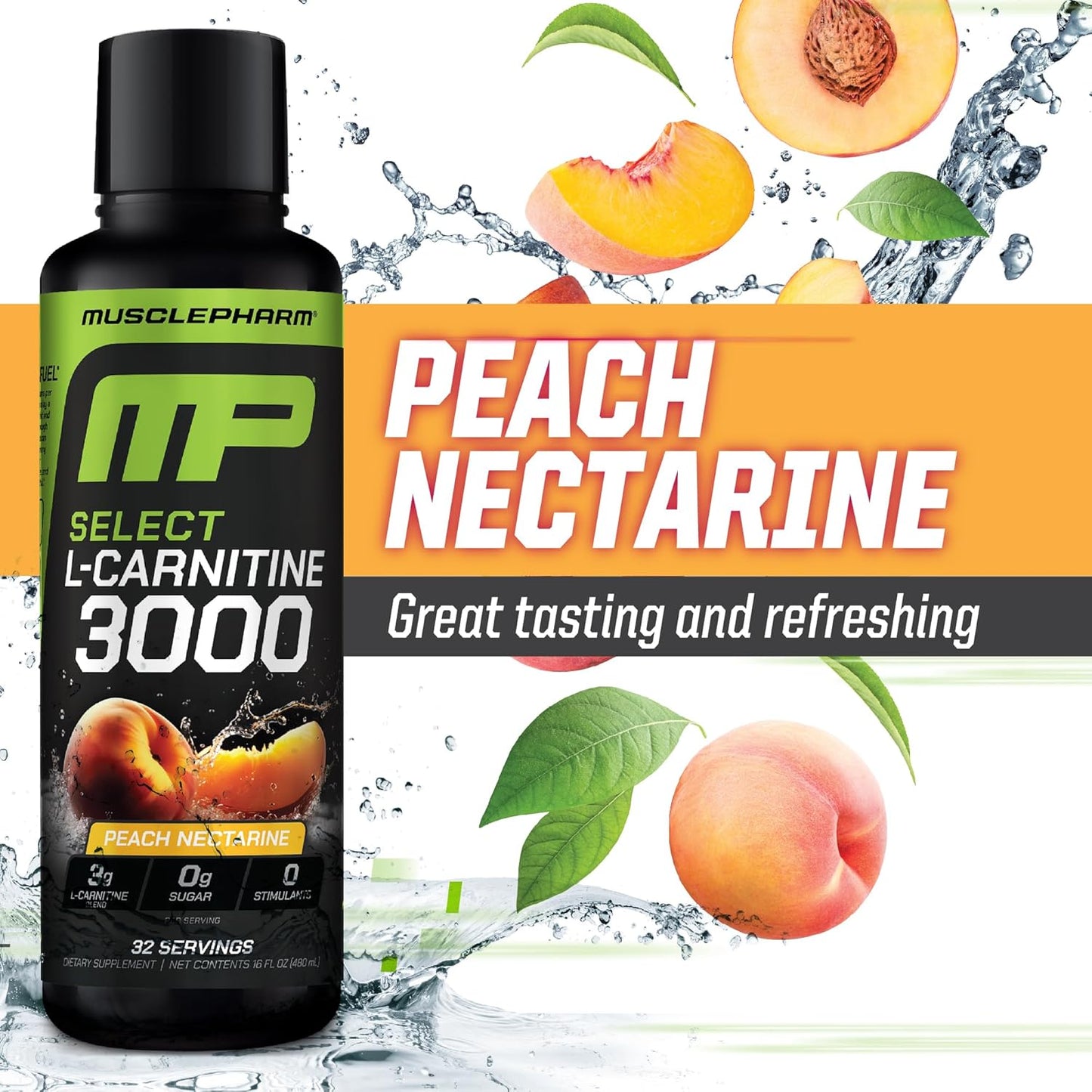 Muscle Pharm L-Carnitine 3000, The Ultimate Liquid L Carnitine Supplement for High-Performance, Supports Metabolism, Hydration & Energy, Zero Sugar/Calories, Peach Nectarine Flavor, 32 Servings