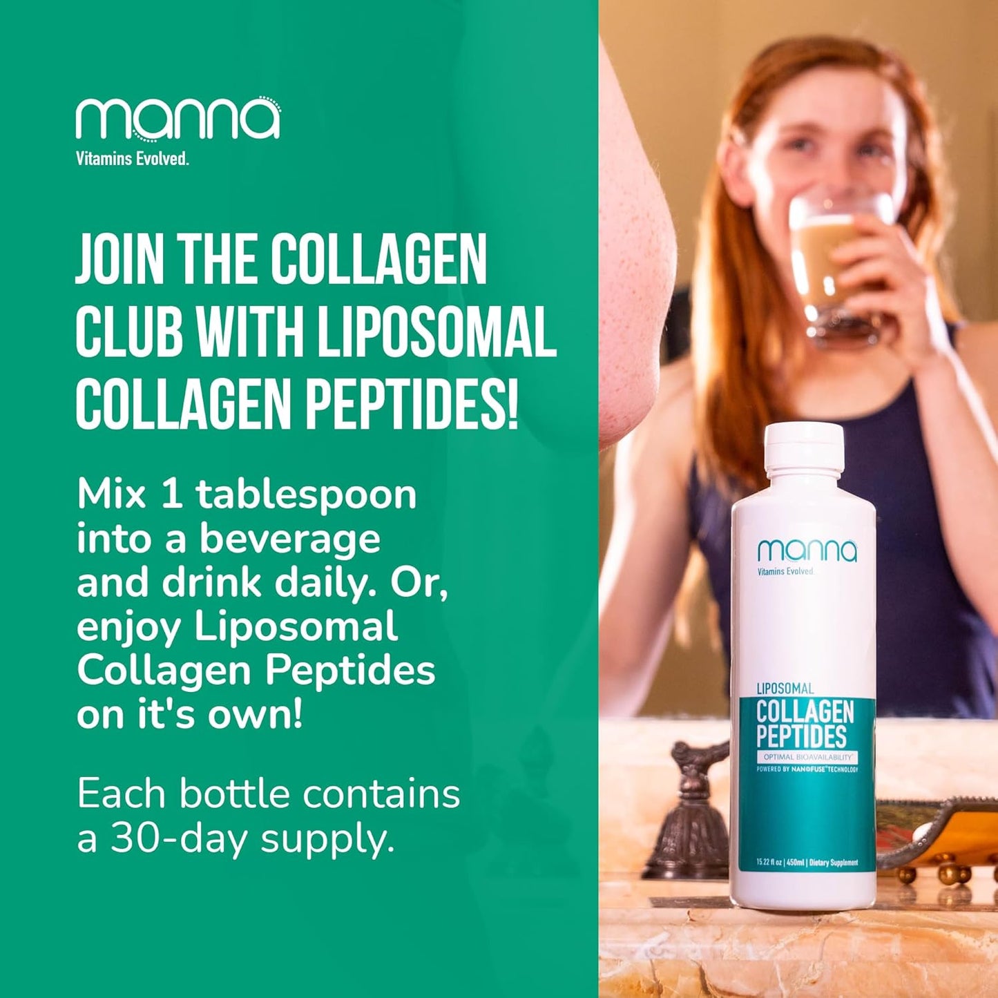 Manna Vitamins Evolved Liposomal Collagen Peptides Liquid, 5000mg High Absorption Grass-Fed Type I, III Collagen for Skin, Hair, Nails, Joints – Hydrolyzed Collagen Supplement, Non-GMO, 16oz (Unisex)