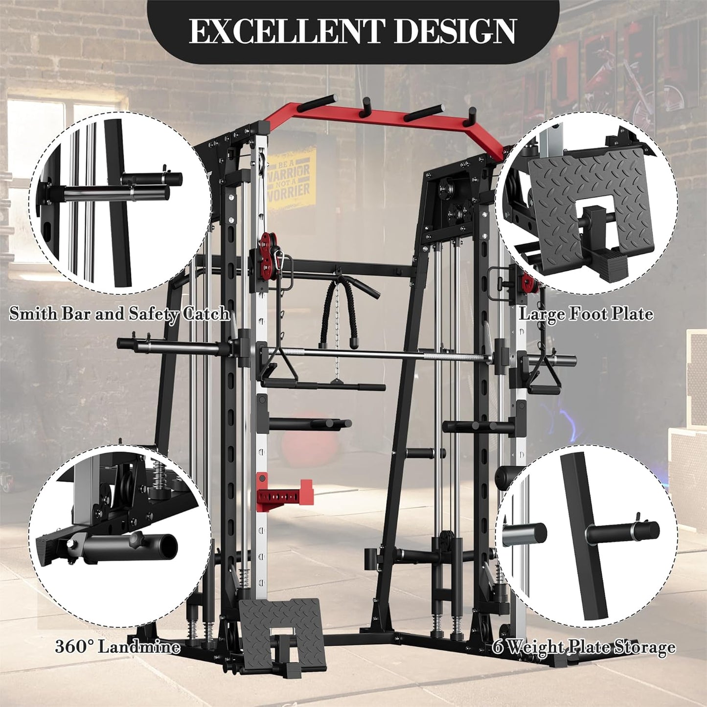 Smith Machine Home Gym, 2200 LBS All in One Squat Rack Power Cage with Smith Bar, Cable Crossover System & LAT-Pull Down System, Training Equipment