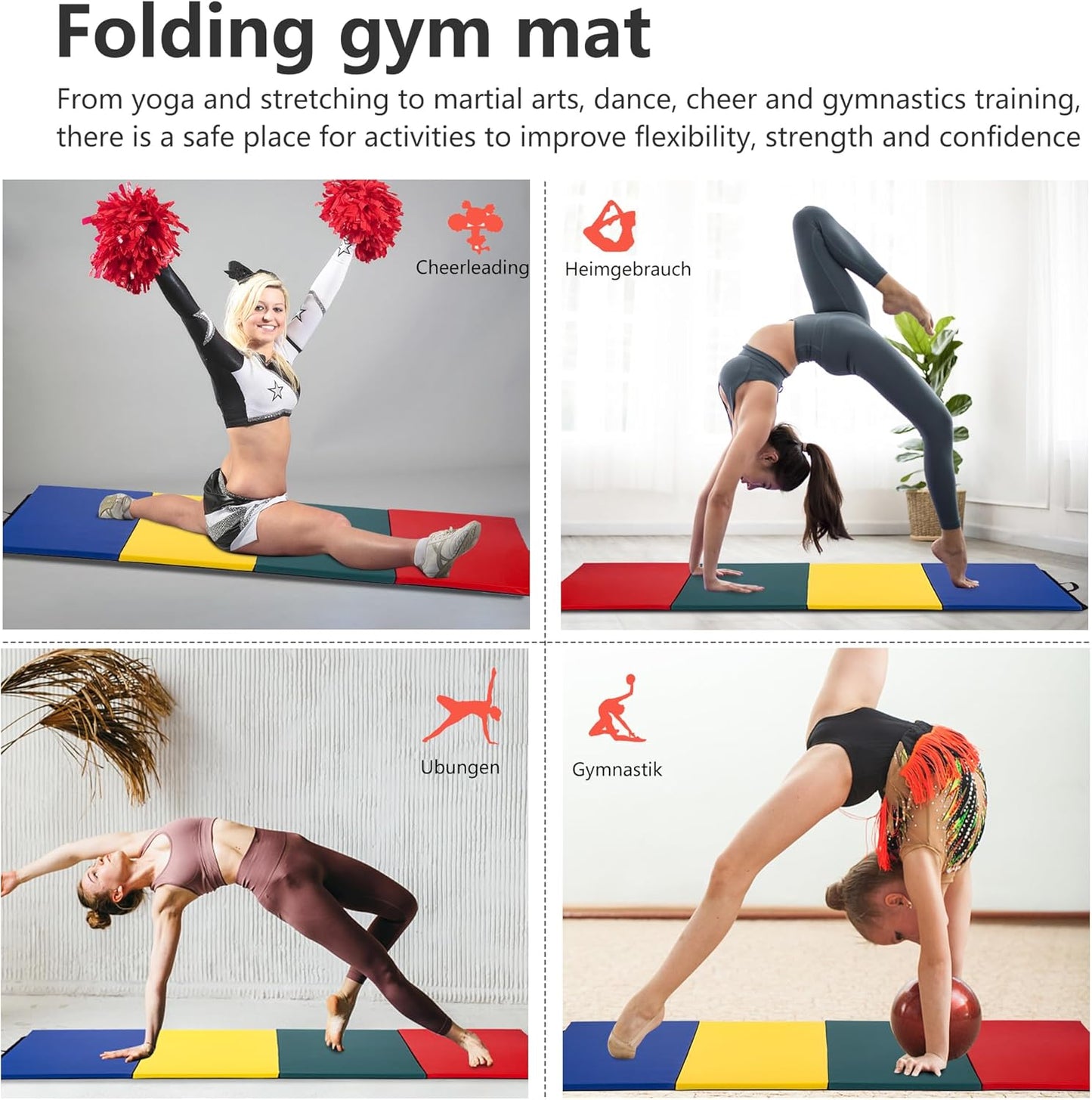 Gymnastics Tumbling Mats Portable Gymnastics Mat Foldable Tumbling Mat 2'x6'/4'x8' PU Leather Exercise Mat Yoga Mat with Carrying Handles for home Workout outdoor Yoga Gymnastics