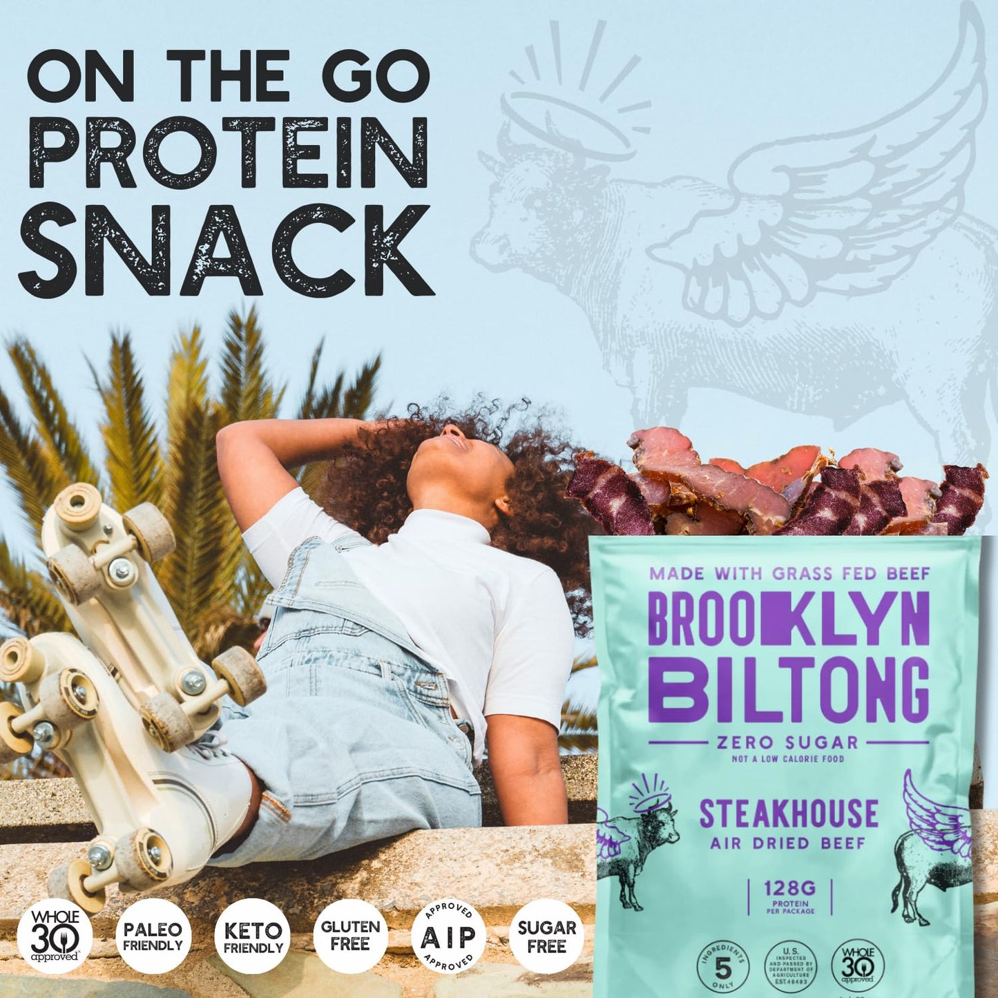 Brooklyn Biltong Air Dried Grass Fed Beef Snack, South African Beef Jerky (8 oz, Pack of 2) - Whole30 Approved, Paleo, Keto, Gluten Free, Sugar Free, Made in USA - (Steakhouse)