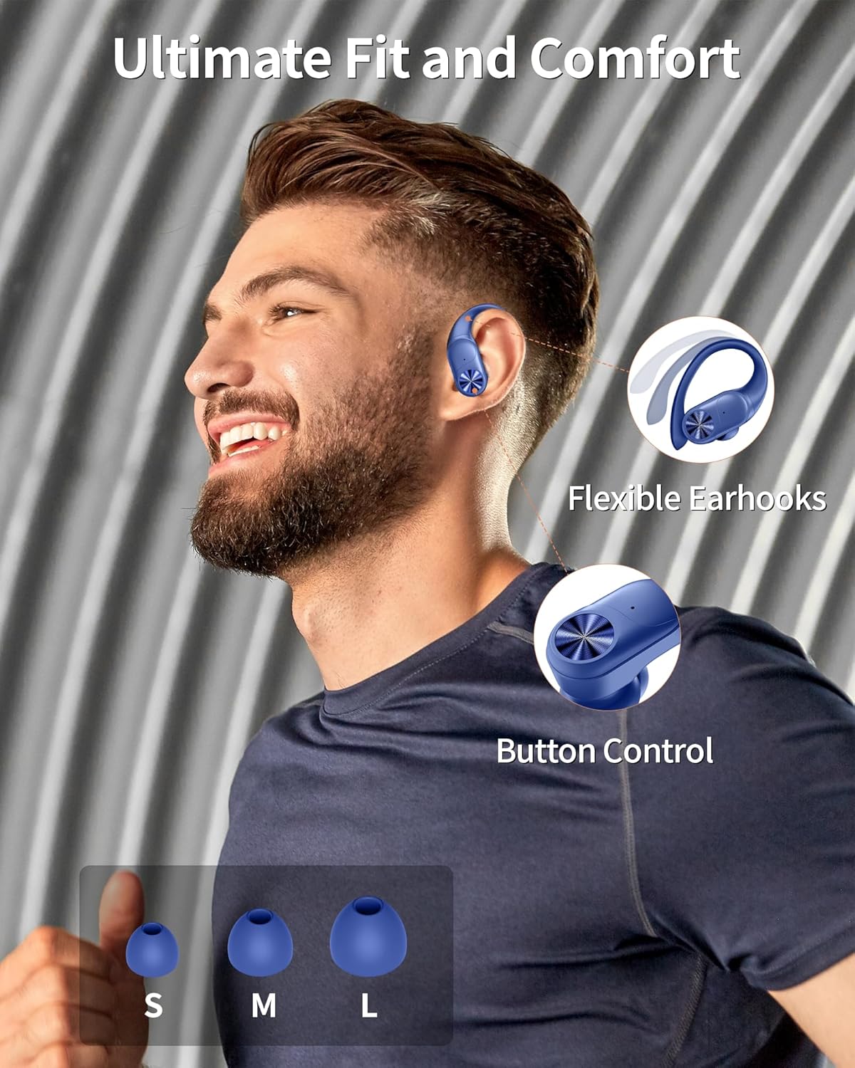 PocBuds Bluetooth Headphones Wireless Earbuds 80hrs Playtime Wireless Charging Case Digital Display Sports Ear Buds with Earhook Deep Bass IPX7 Waterproof Over-Ear Earphones for TV Phone Laptop Navy