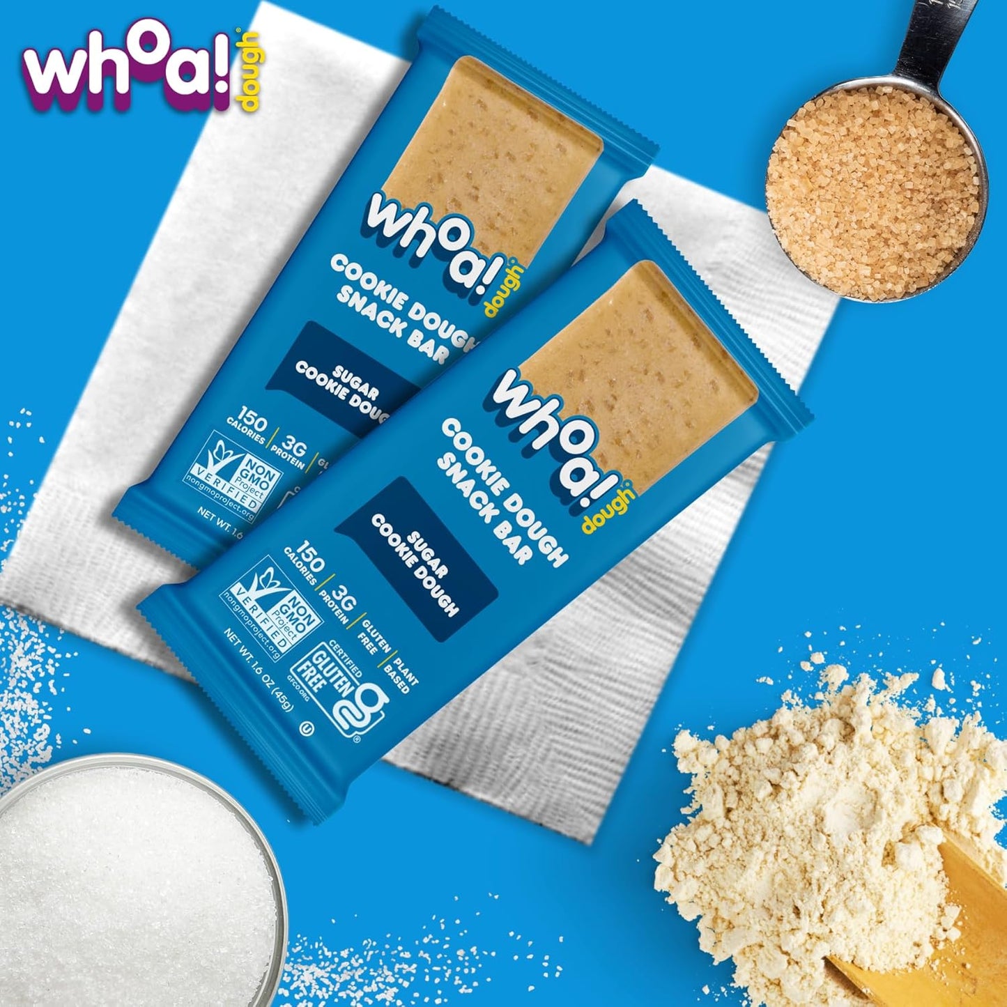 Whoa Dough Edible Cookie Dough Bars- Certified Non-GMO, Kosher and Gluten Free Bars - Healthy Snack Foods - Plant Based Snacks Made With Real Ingredients - Sugar Cookie Dough - 10 Pack