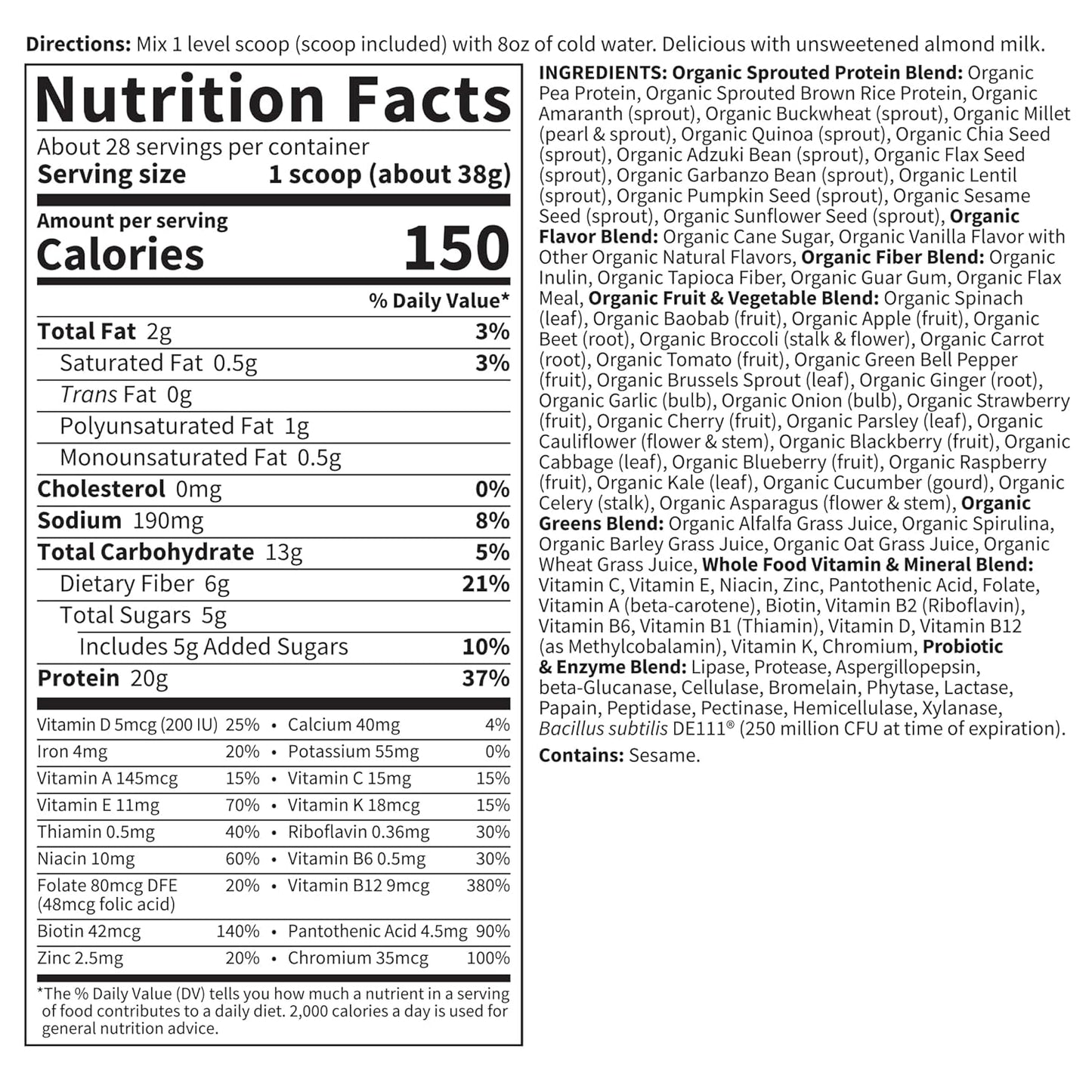 Garden of Life Meal Replacement Shakes, Vegan, Raw, Organic, Lightly Sweet Protein Powder with Plant Based Pea Protein, Sprouts, Greens, Probiotics, 28 Servings