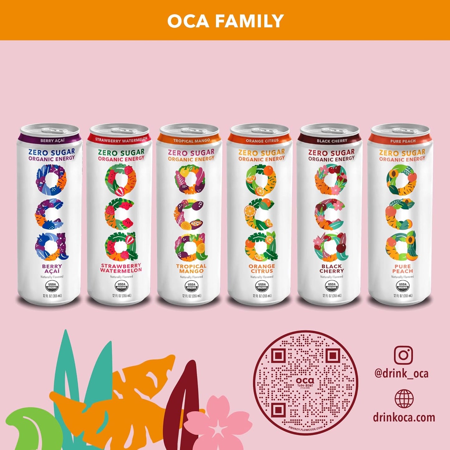 OCA ZERO Black Cherry, Organic energy drink, zero sugar, gluten-free, vegan plant-based, 12 Fl Oz (12-pack)