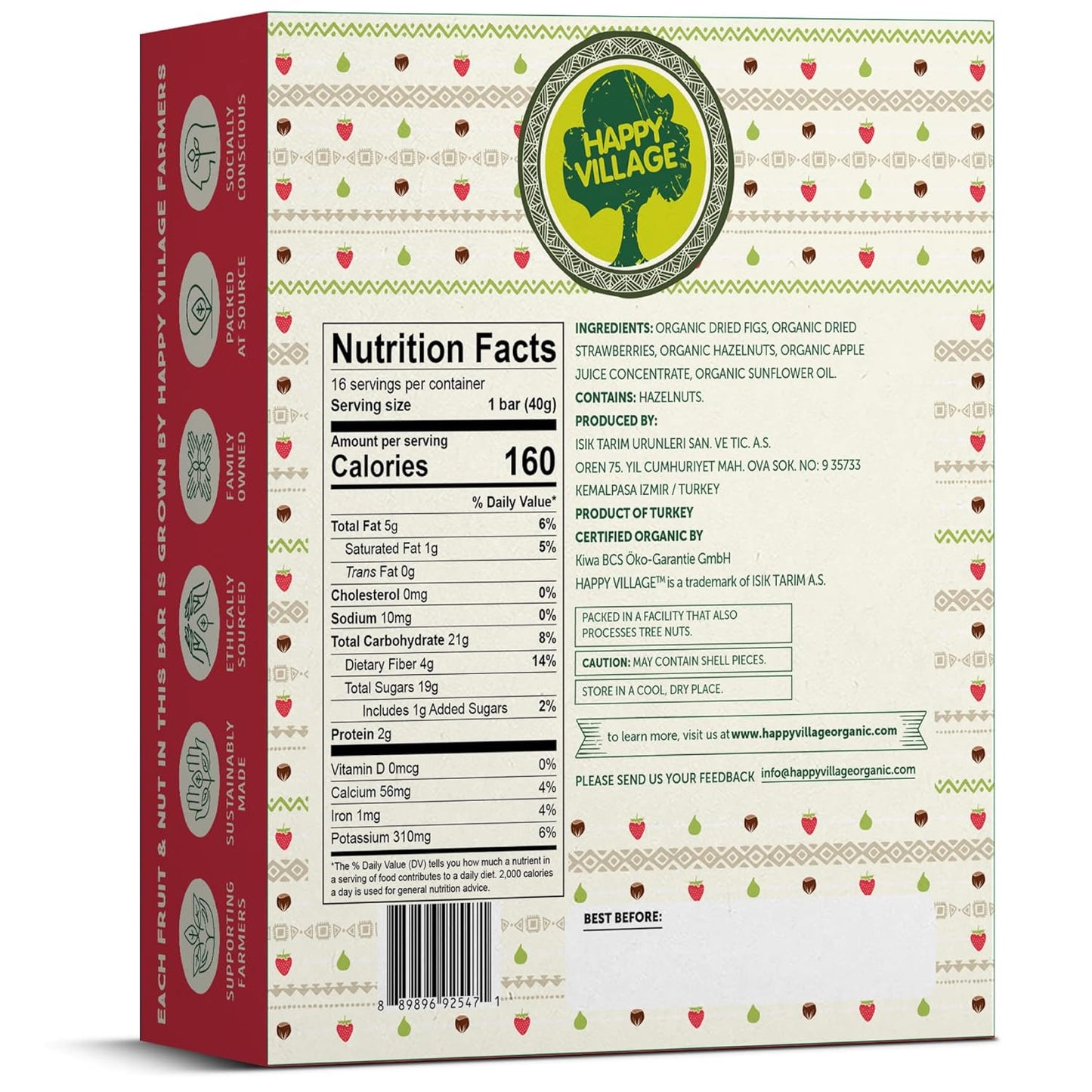 Happy Village Organic Fruit & Nut Bars, STRAWBERRY | Gluten Free, No Refined Sugar, Kosher, Non-GMO, Vegan, Good Source of Fiber | Organic Healthy Snack Bars (16 bars, 1.4 OZ each)