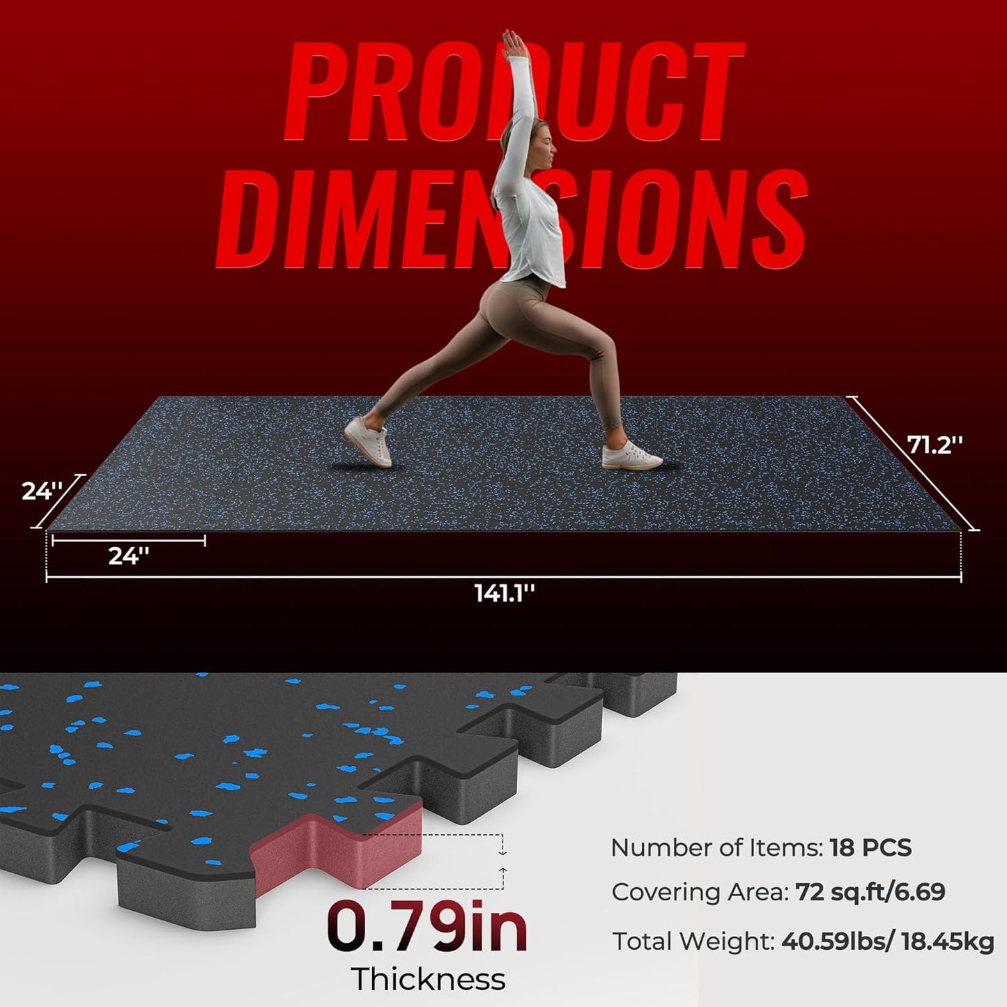 SUPERJARE 0.79'' Extra-Thick Exercise Equipment Mats, 18 Pcs 72 Sq Ft Rubber Top Floor Tiles with High Density EVA Foam, Interlocking Gym Flooring for Home Gym, Workout Mat, Black/Blue