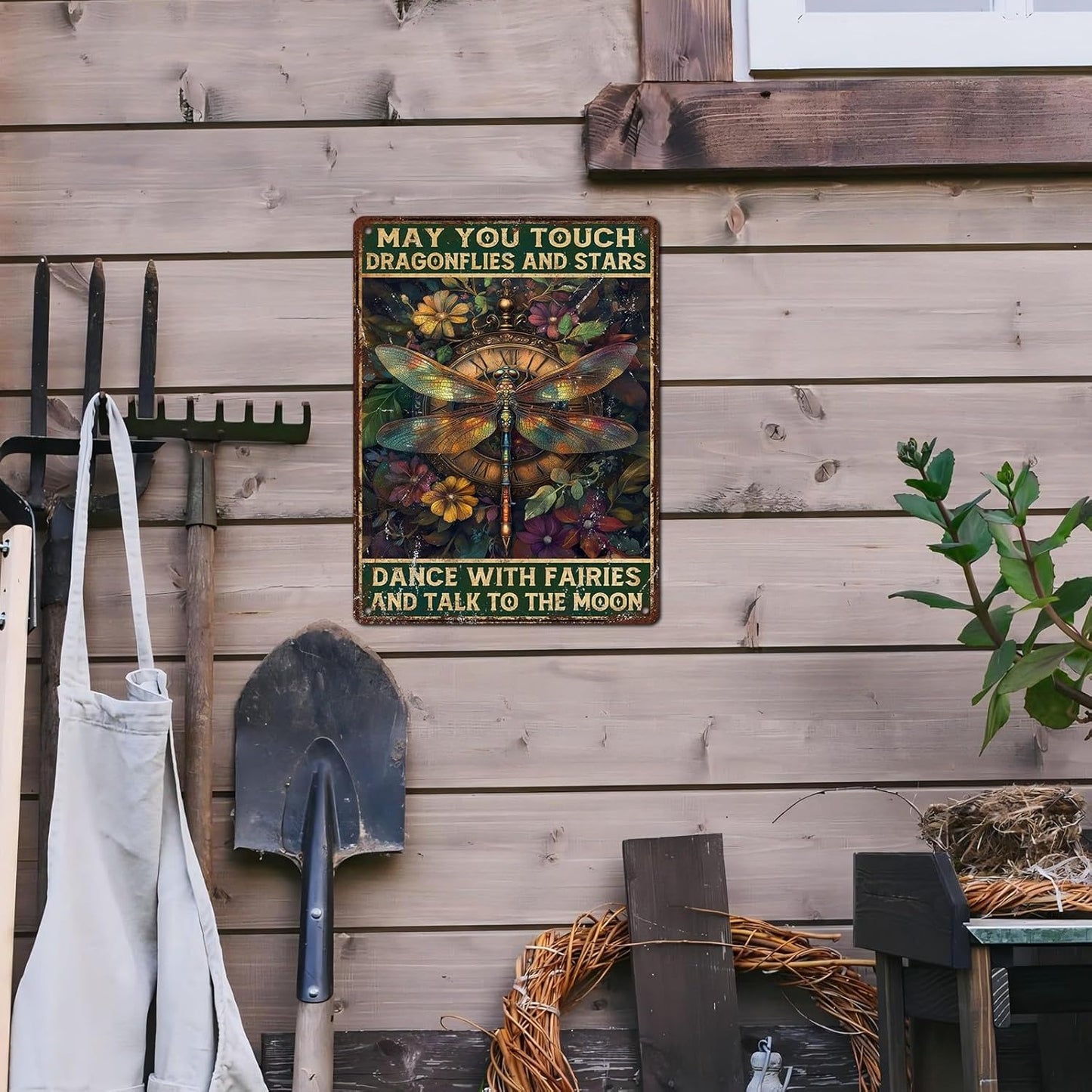 Vintage Dragonfly Tin Sign May You Touch Dragonflies And Stars Dance With Fairies And Talk To The Moon Retro Metal Poster Funny Wall Art Cafe Toilet Farm Room Garden Plaque Outdoor 12 * 16inch