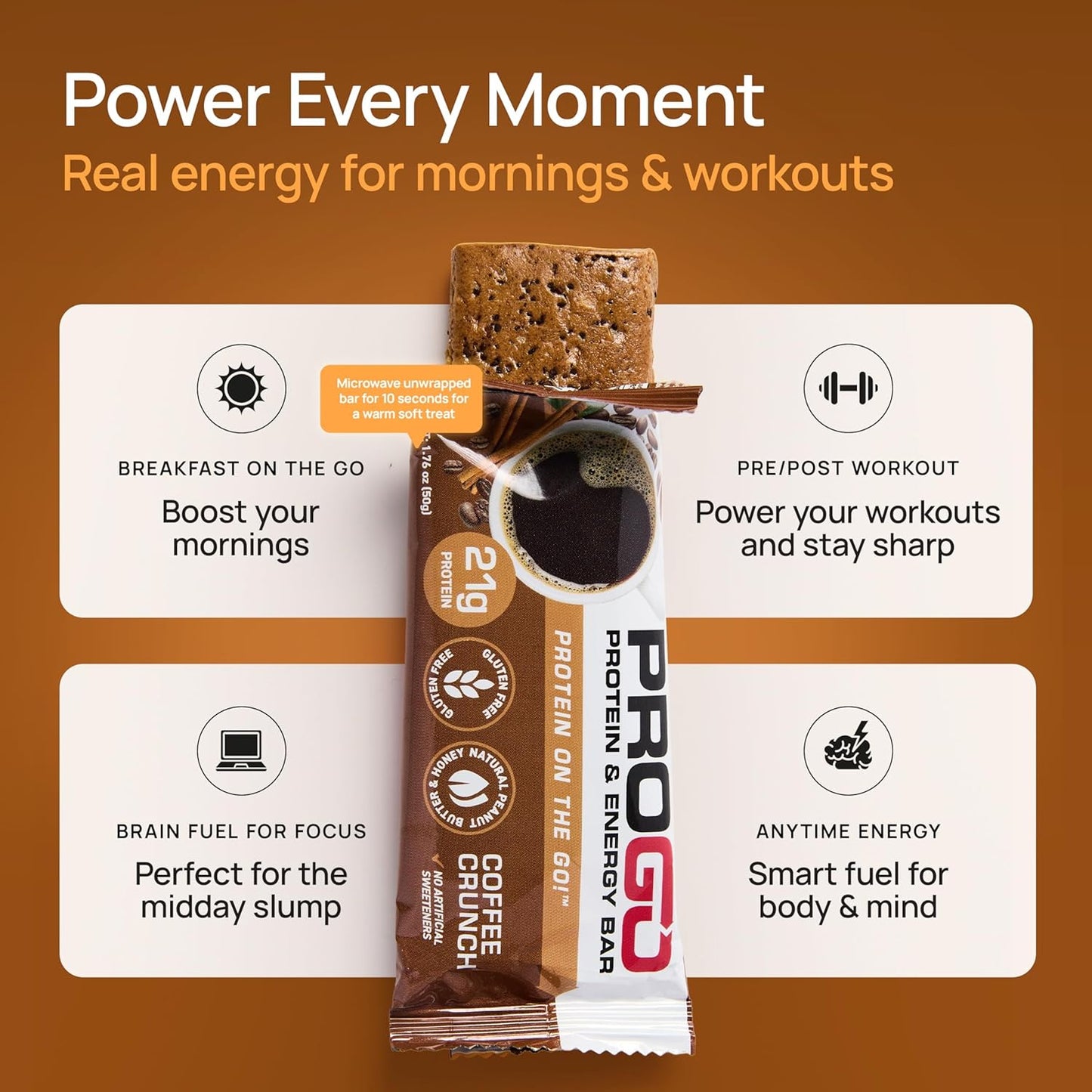 ProGo Protein Bars, Low Sugar, High Protein Snacks (21g) - 95% Pure Isolate for Faster Muscle Growth & Recovery, Low Calorie, Sweetened w/Peanut Butter & Honey (20-Count, Coffee Crunch)