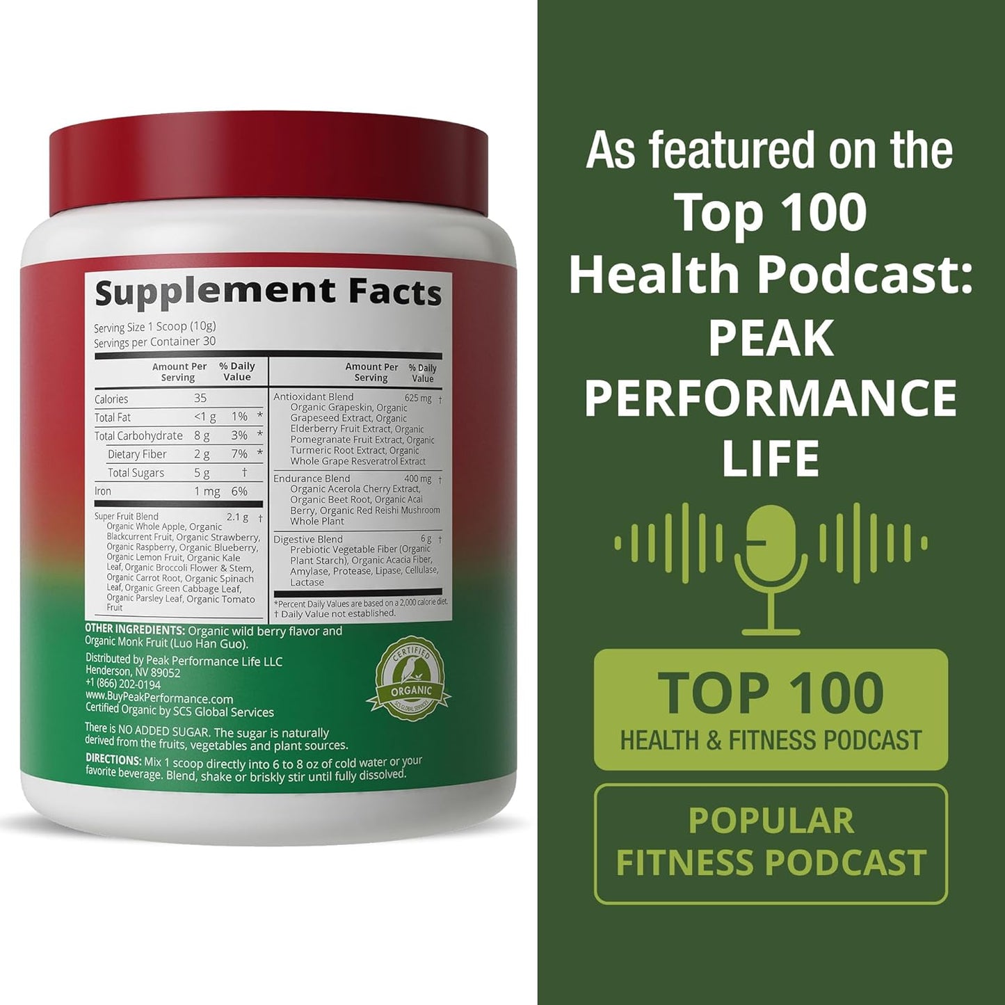 Peak Performance Organic Reds Superfood Powder, Best Tasting Organic Red Juice Super Food w/ 25+ All Natural Ingredients & Polyphenols, Vital for Max Energy and Detox. Raspberry, Elderberry, Beetroot