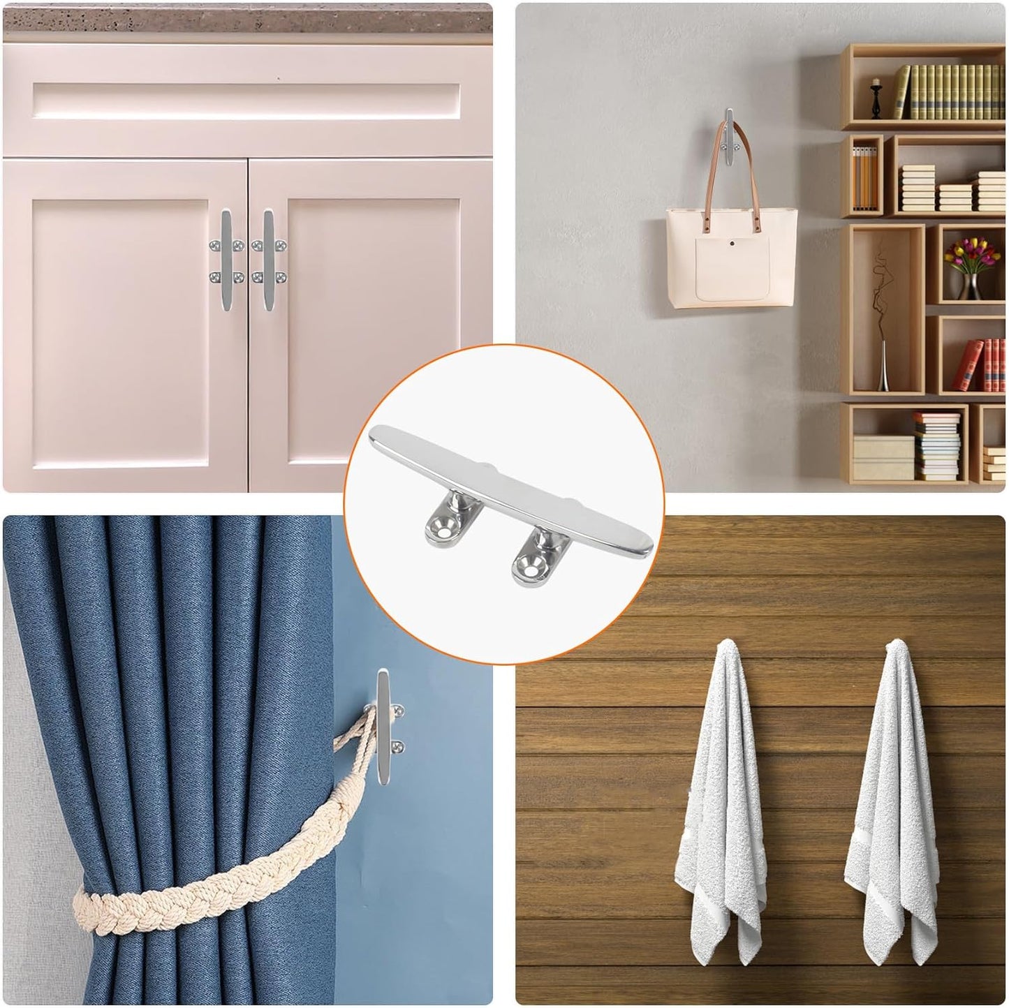 ORLANG 316 Stainless Steel Boat Cleats 5 Inch/6 Inch/8 Inch (3 Size), Open Base Dock Cleats with Fasteners, Boat Dock Cleat Rope Cleat for Boat Docks, Decks or Nautical Decor (4 Pack)