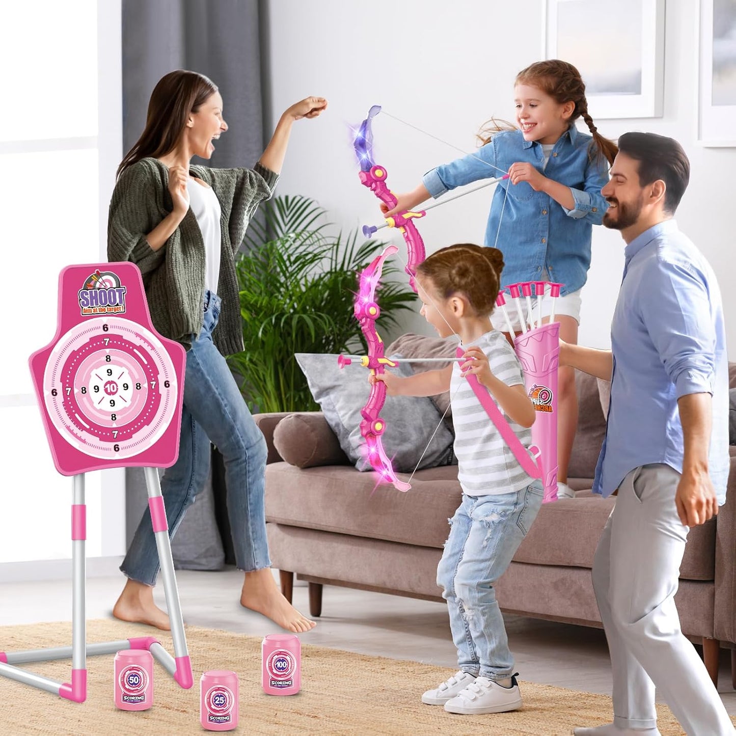 SpringFlower 2 Bow and Arrow Sets with LED Light-up,2 Foam Dart Guns for Kids 5 6 7 8 9 10+ Years Old, Archery Set with Standing Target for Boys & Girl, Ideal Gift